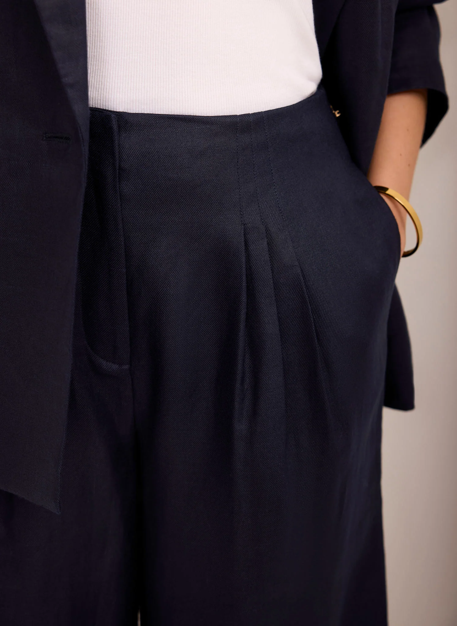 Navy Ramie Wide Leg Trousers - Image 3