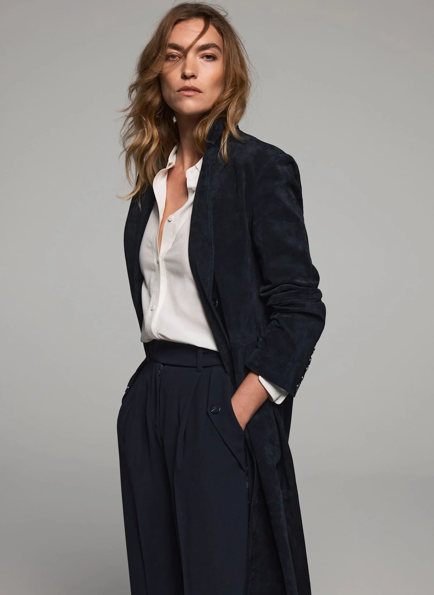 Navy Suede Trench Coat - Image 3