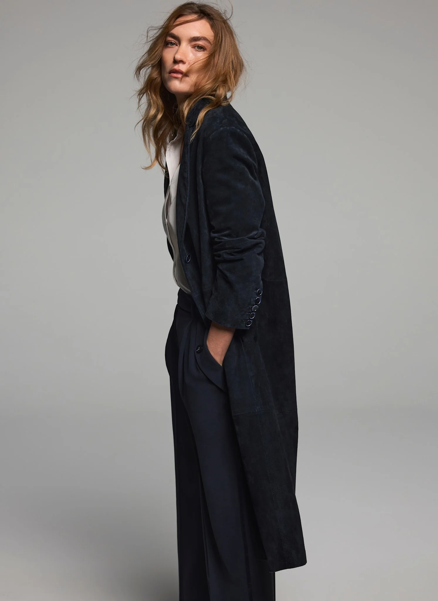 Navy Suede Trench Coat - Image 4