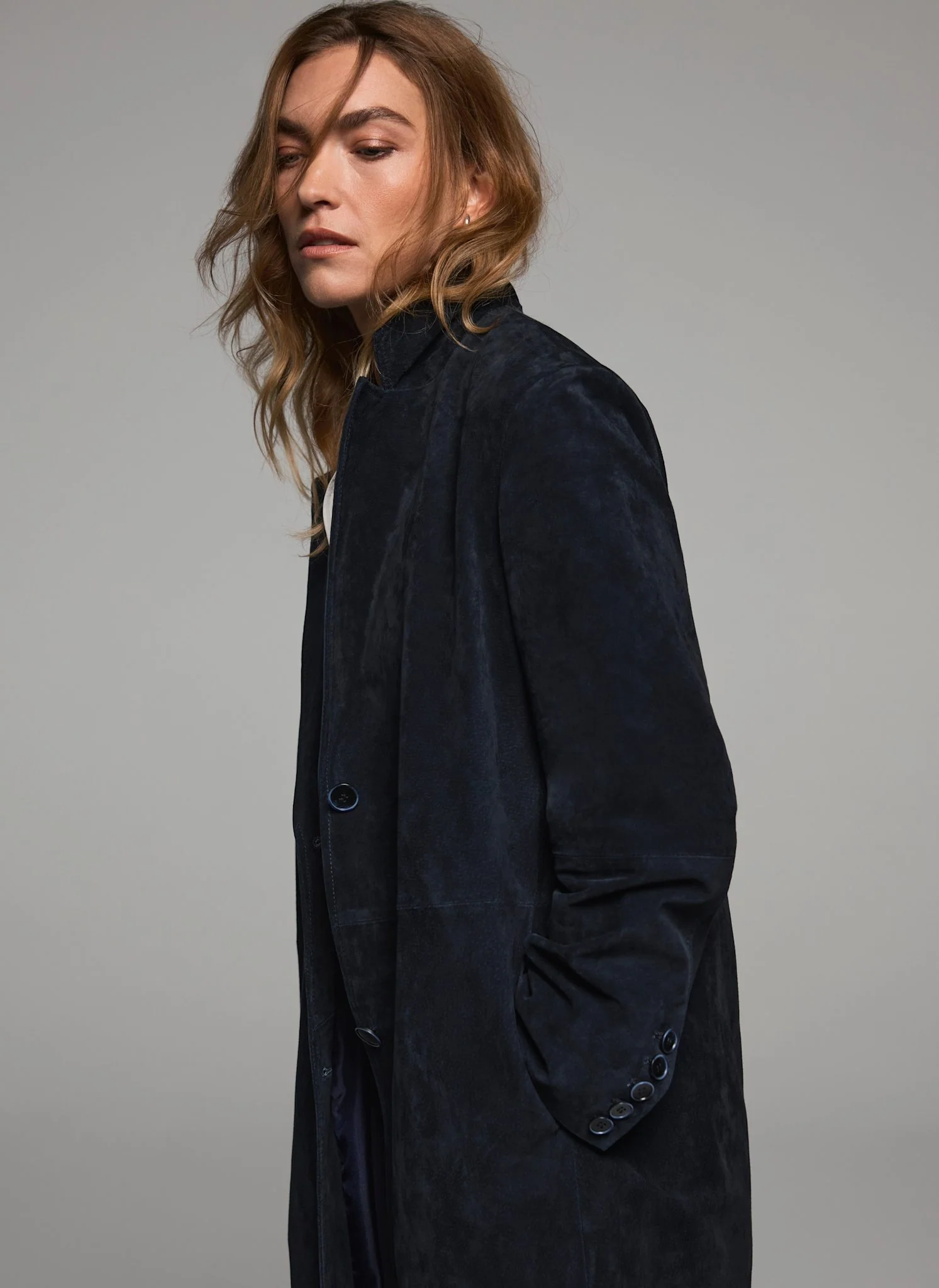 Navy Suede Trench Coat - Image 6