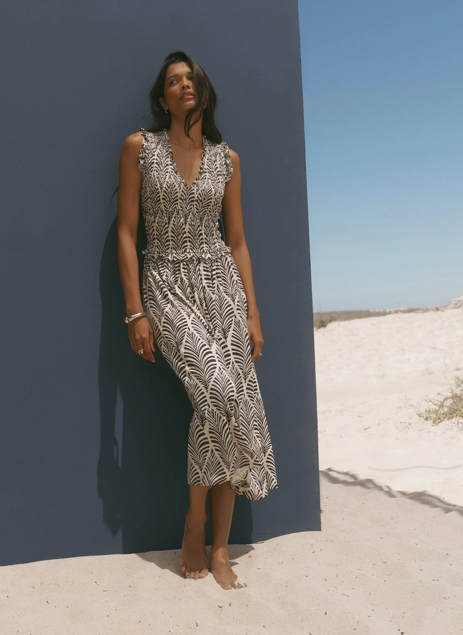 Navy Leaf Print Shirred Midi Dress - Image 2