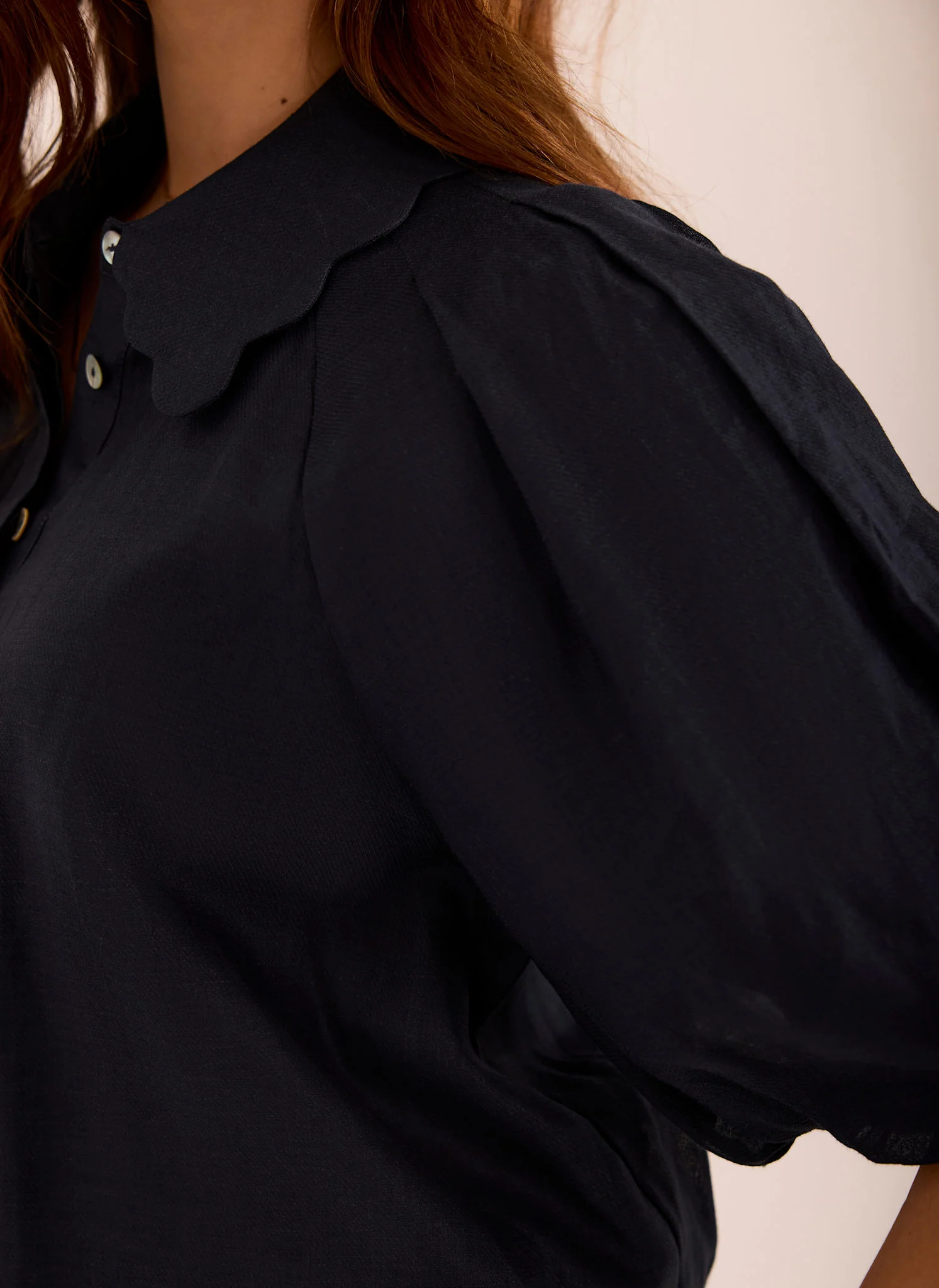 Navy Ramie Scallop Puff Sleeve Shirt - Image 3