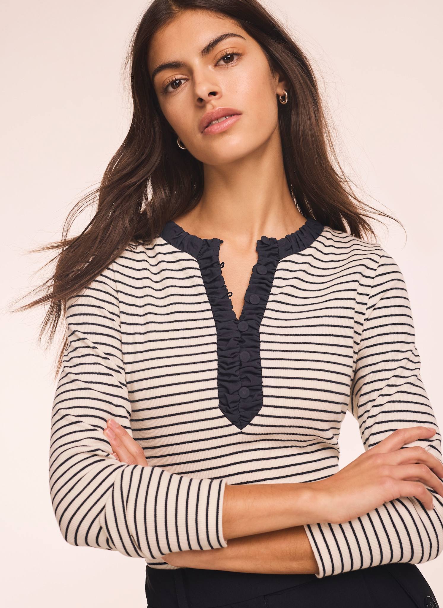 Striped Cotton Blend Ruched Henley Top - Image 2