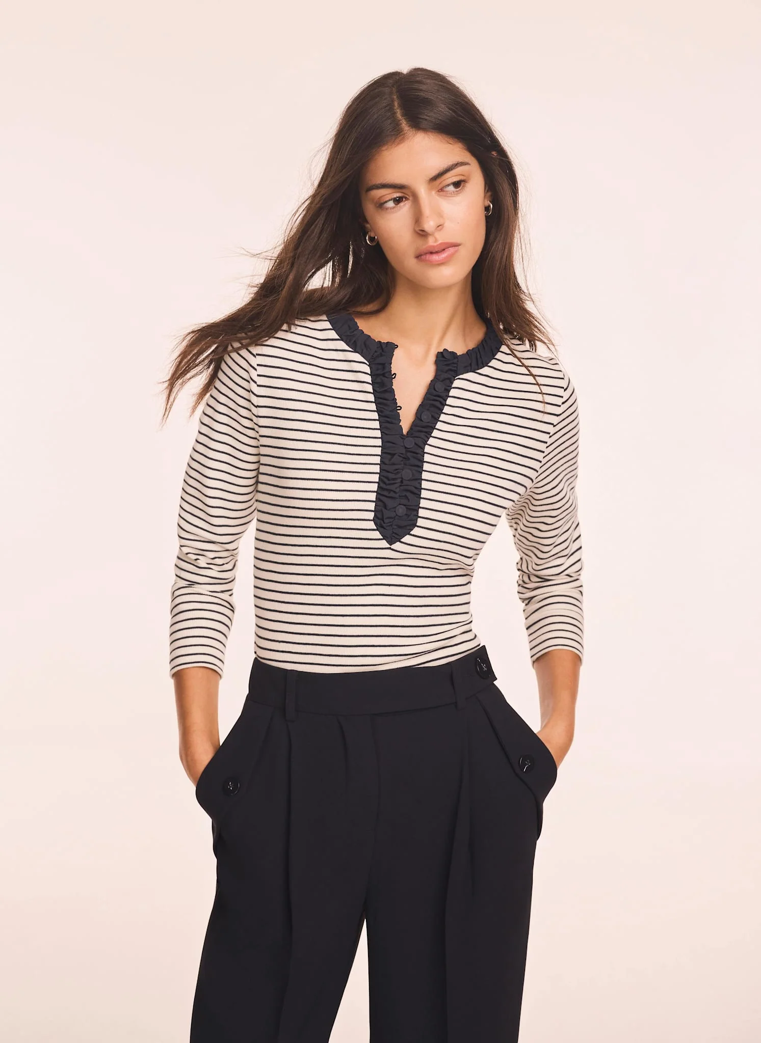 Striped Cotton Blend Ruched Henley Top - Image 3