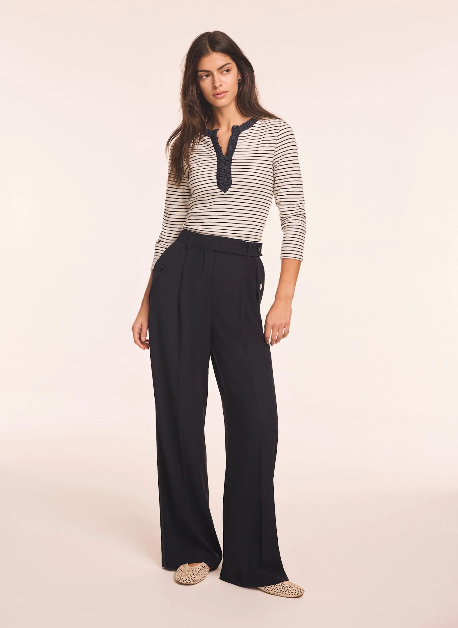 Striped Cotton Blend Ruched Henley Top - Image 4