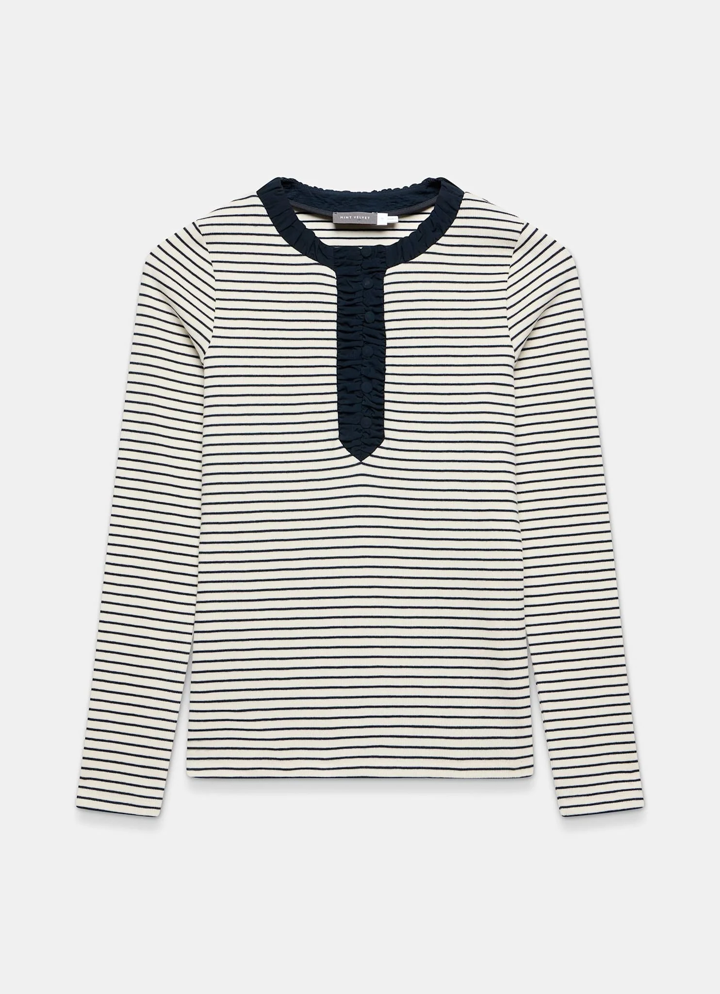 Striped Cotton Blend Ruched Henley Top - Image 7