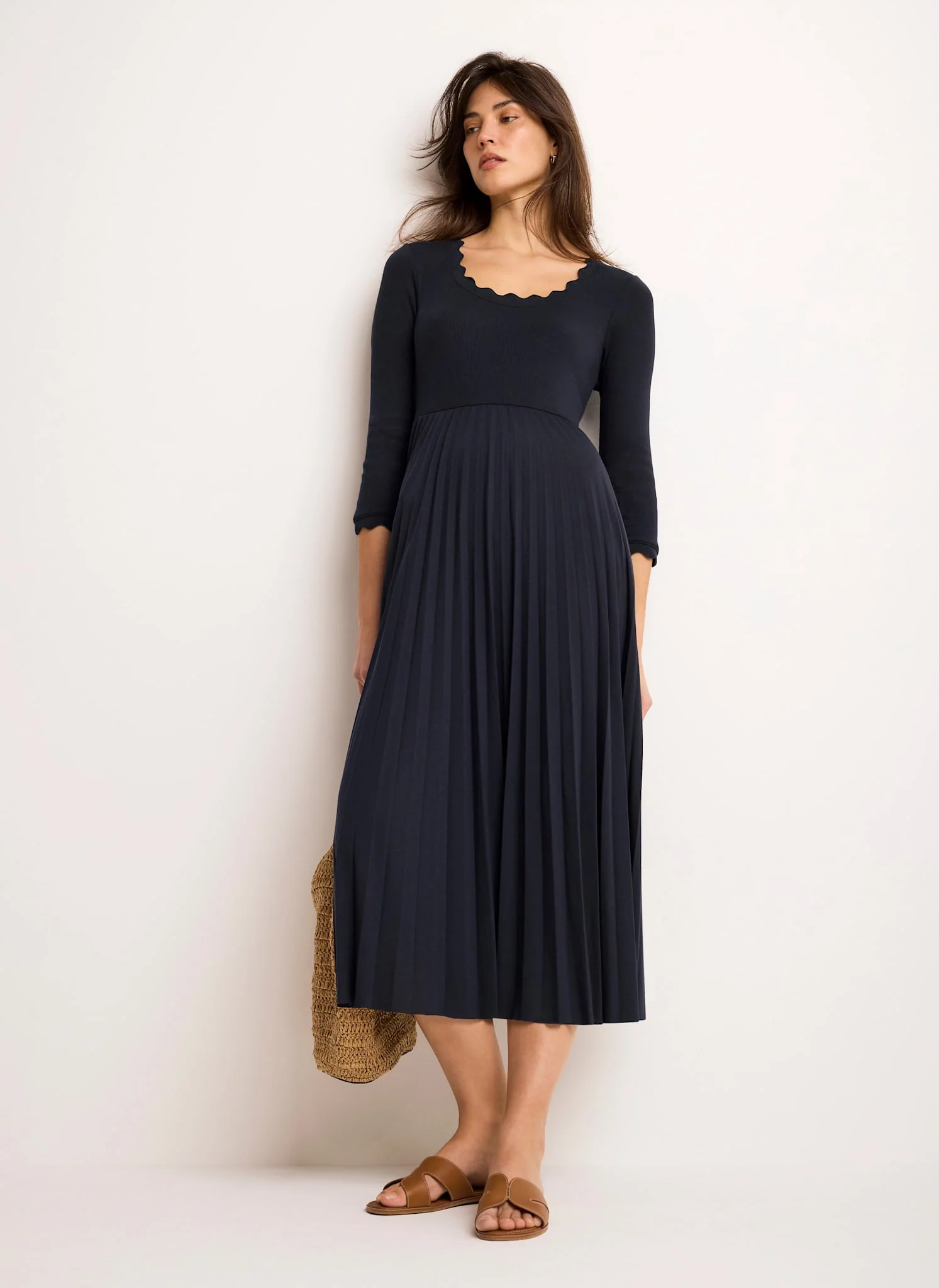 Navy Scallop Jersey Mix Midi Dress