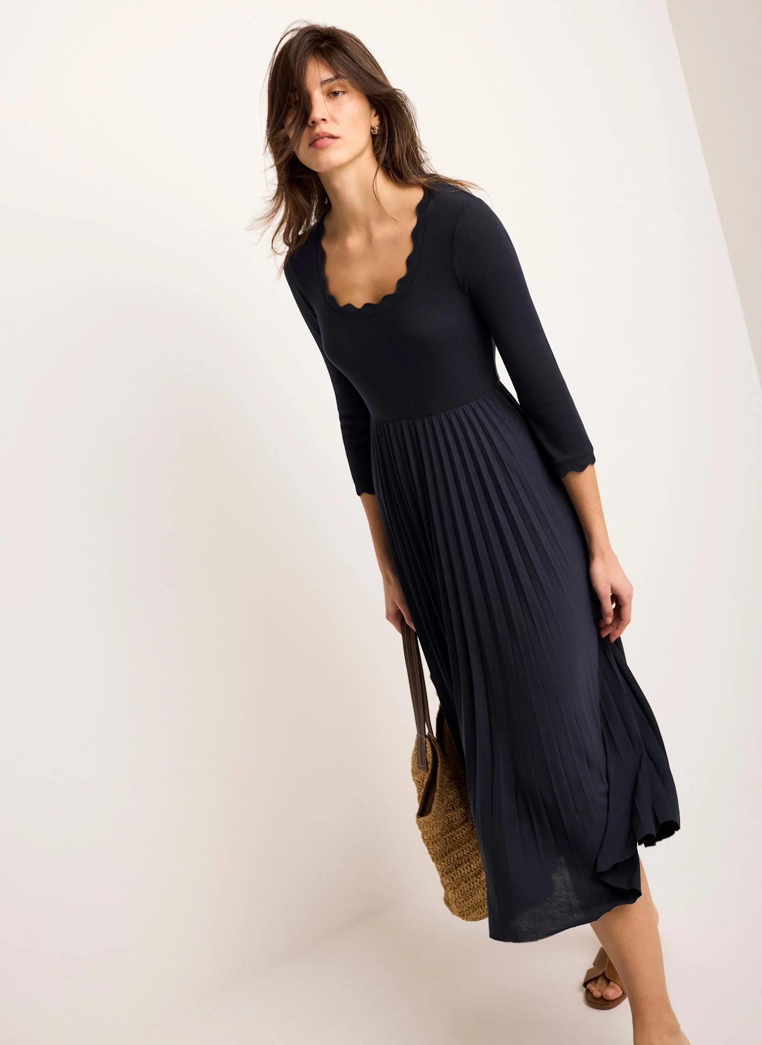 Navy Scallop Jersey Mix Midi Dress - Image 2