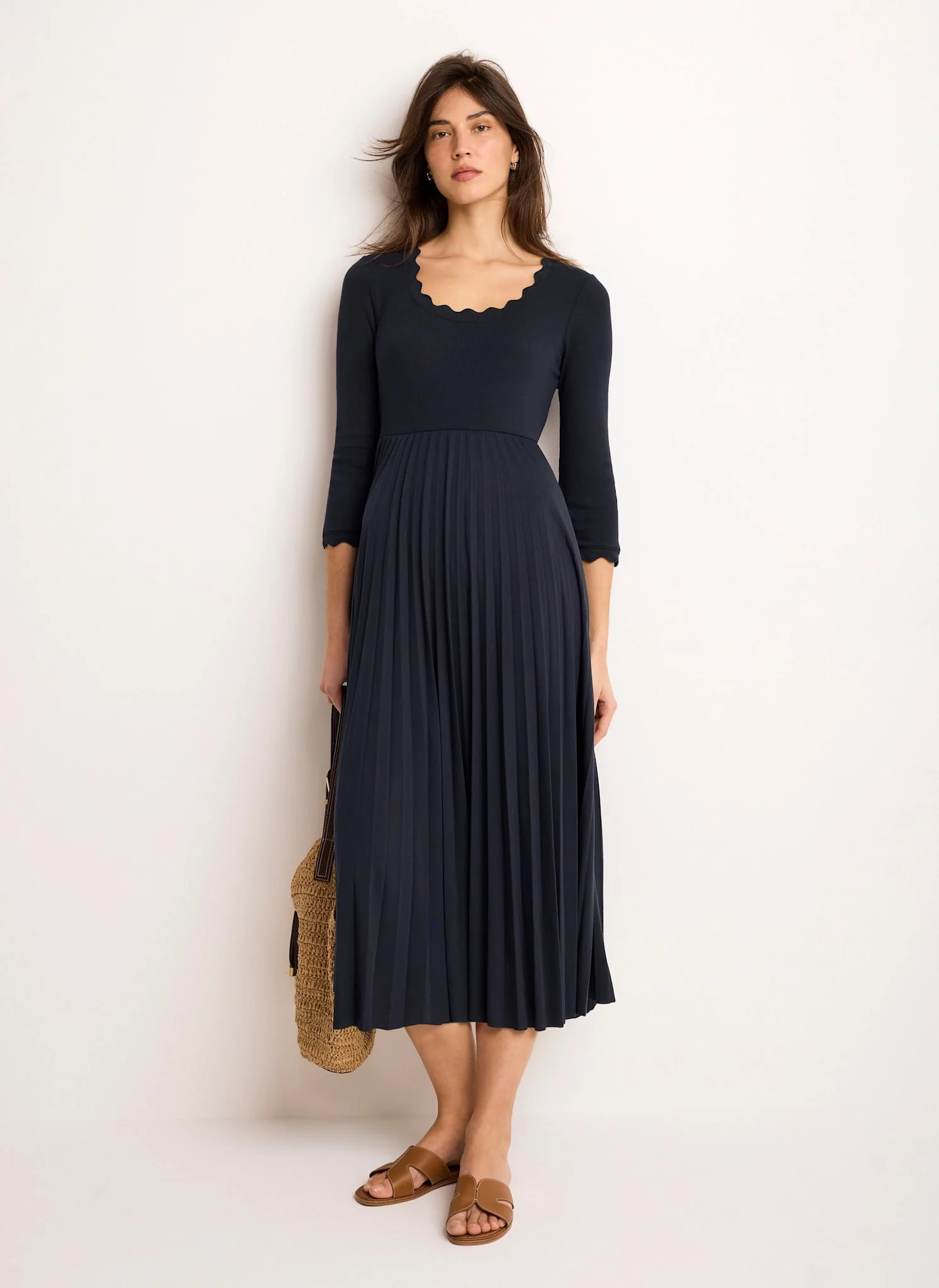 Navy Scallop Jersey Mix Midi Dress - Image 3