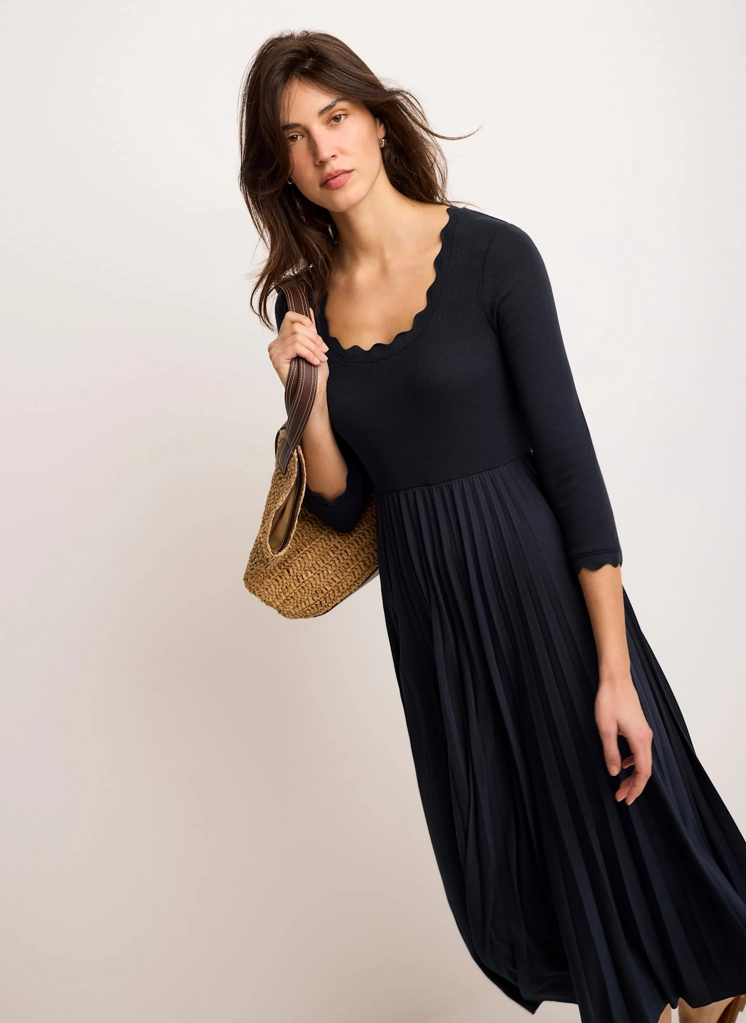 Navy Scallop Jersey Mix Midi Dress - Image 4