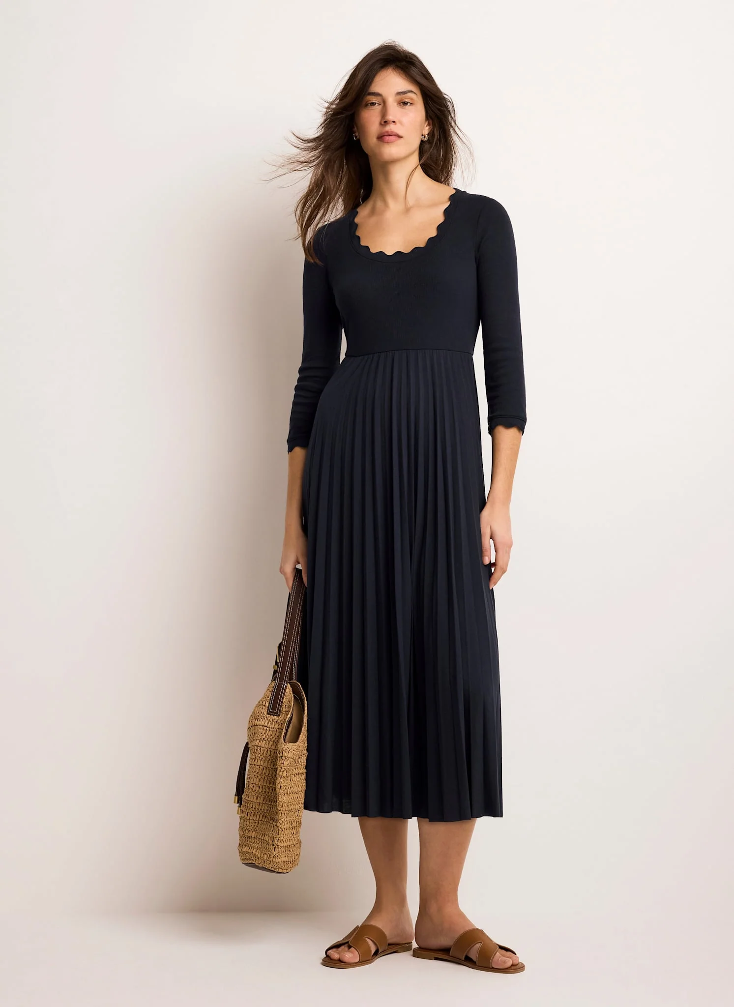 Navy Scallop Jersey Mix Midi Dress - Image 6