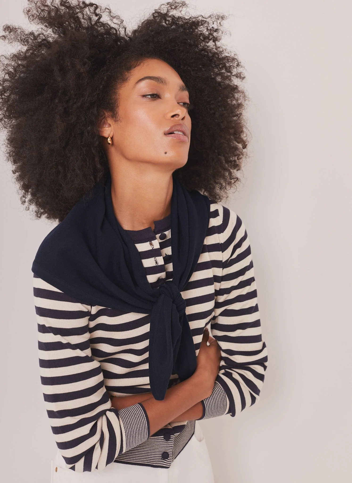 Navy Striped Scarf Detail Cardigan - Image 3