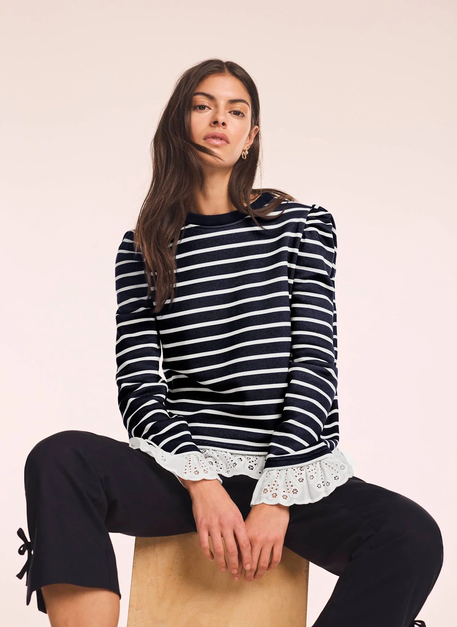 Navy Stripe Broderie Trim Sweatshirt - Image 6