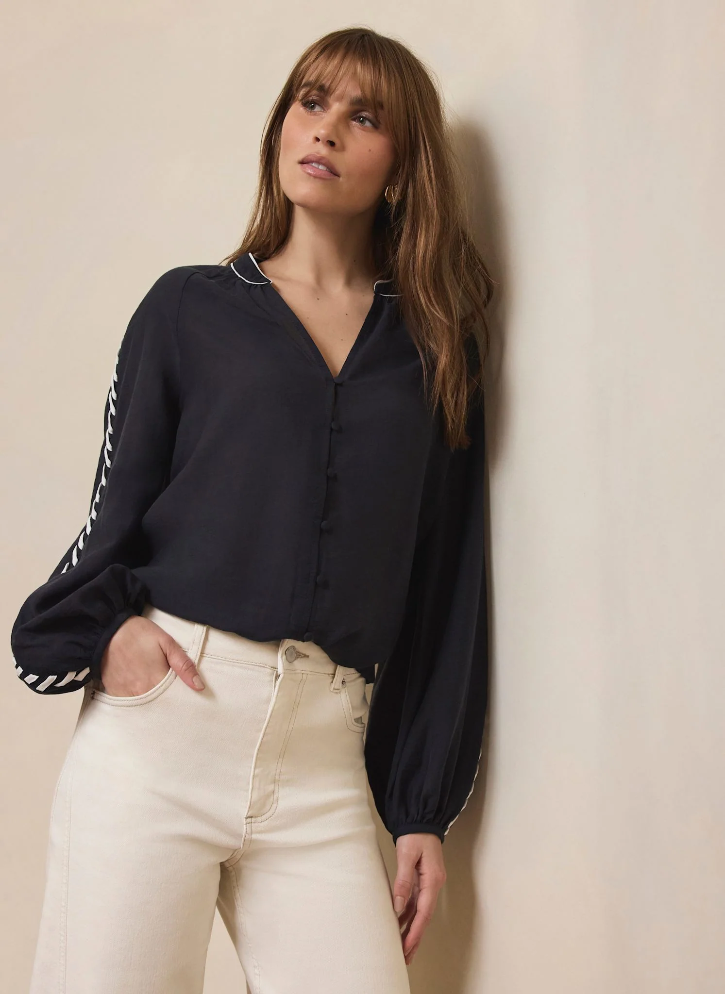 Navy Whipstitch Detail Blouse - Image 3