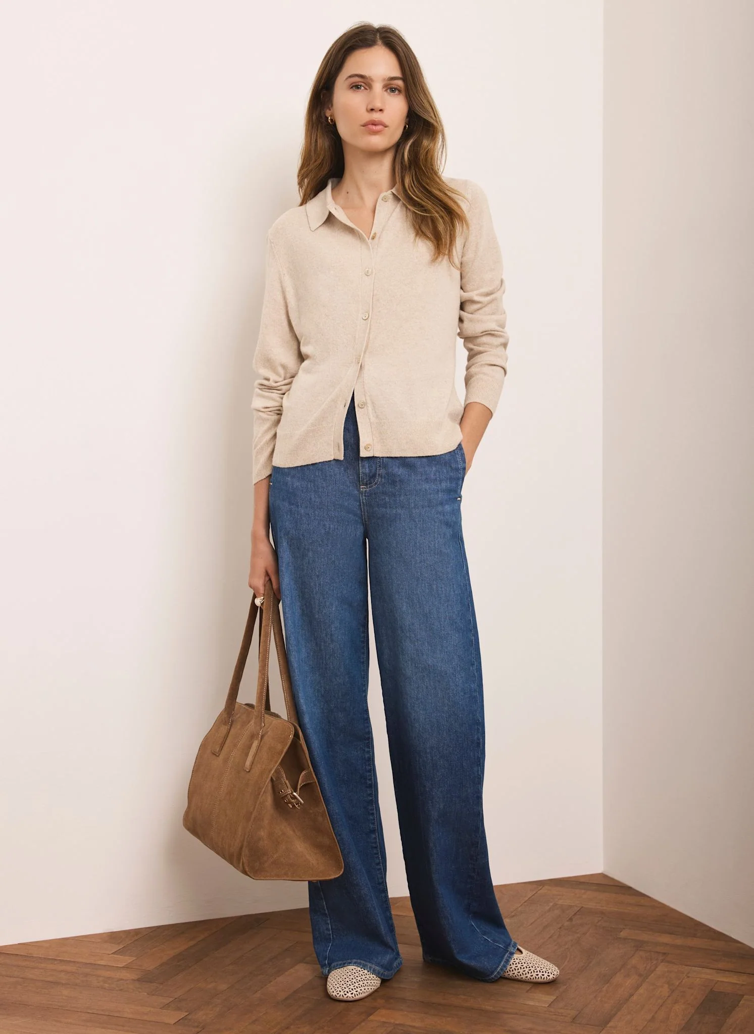 Neutral Cotton Blend Button Collar Cardigan - Image 3