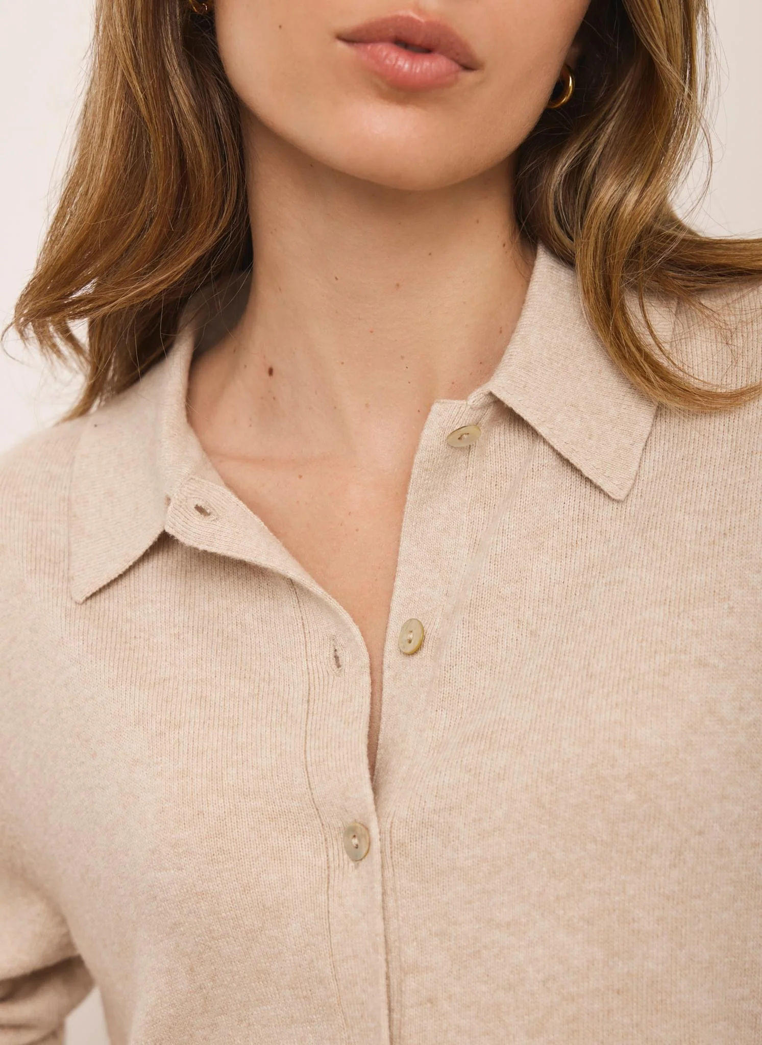 Neutral Cotton Blend Button Collar Cardigan - Image 4