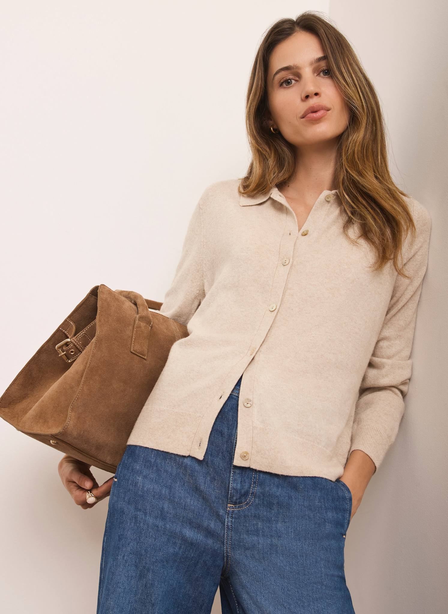 Neutral Cotton Blend Button Collar Cardigan - Image 5