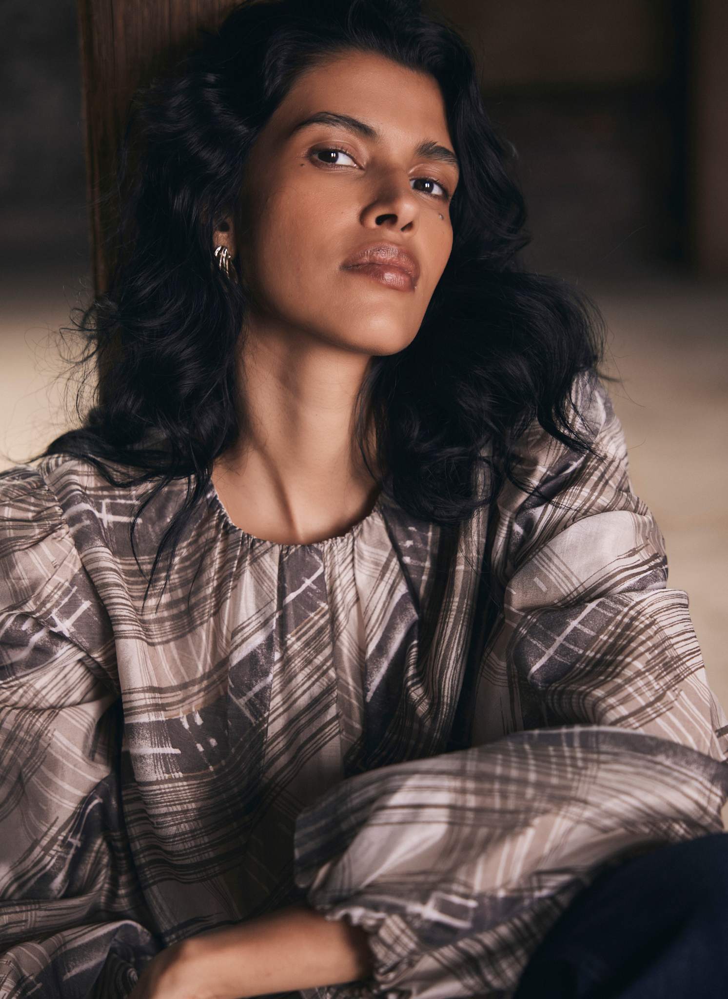 Brown Check Print Blouse - Image 5