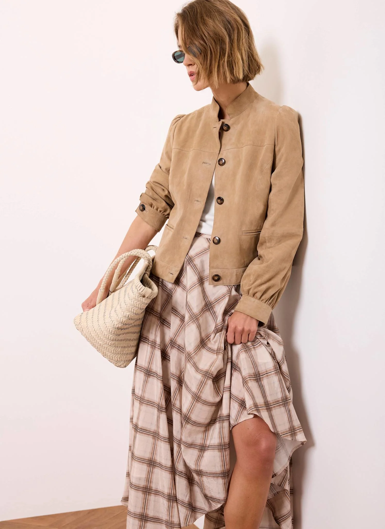 Neutral Checked Print Midi Skirt - Image 5