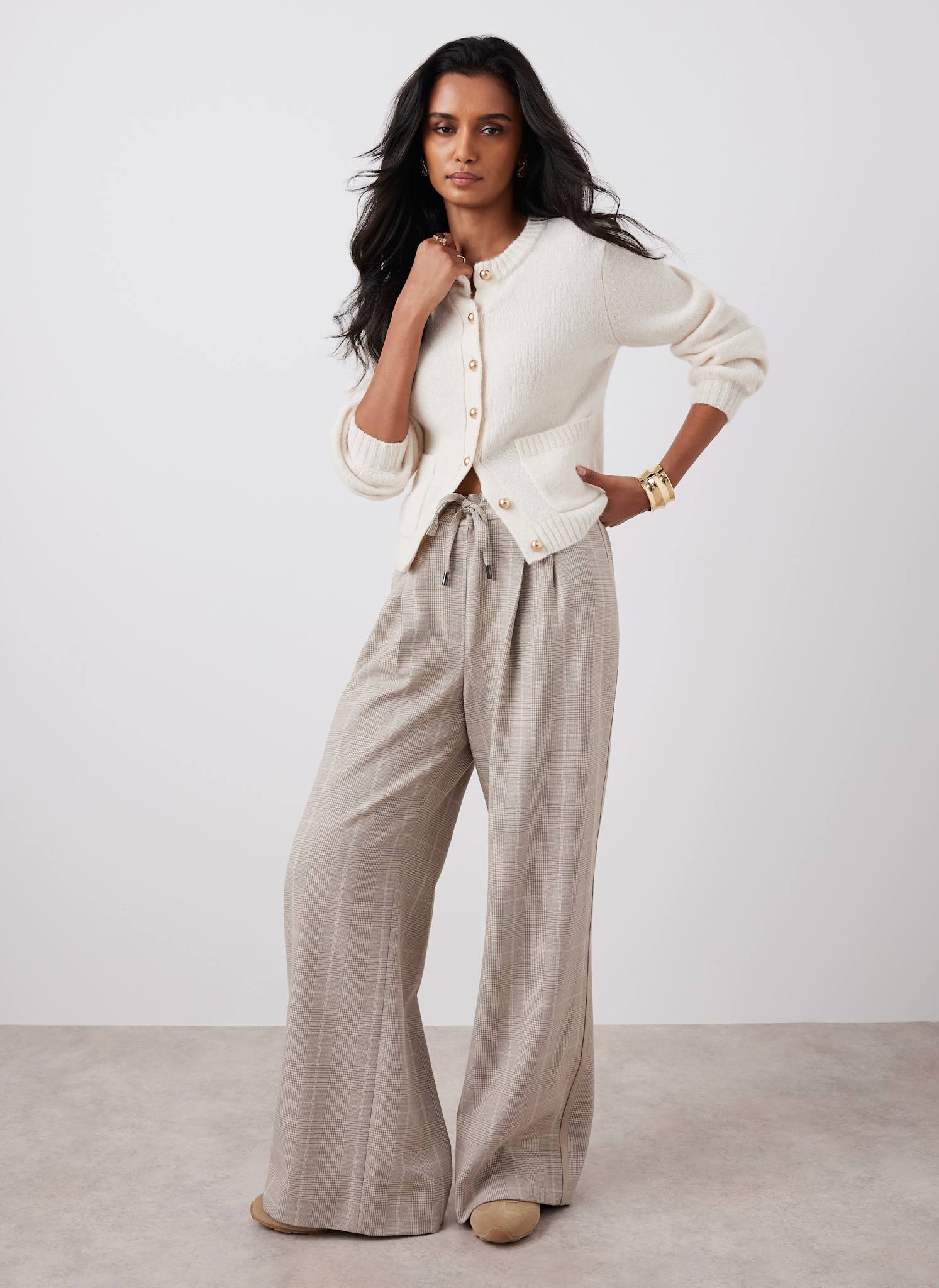 Neutral Checked Tailored Wide Trousers - Image 3