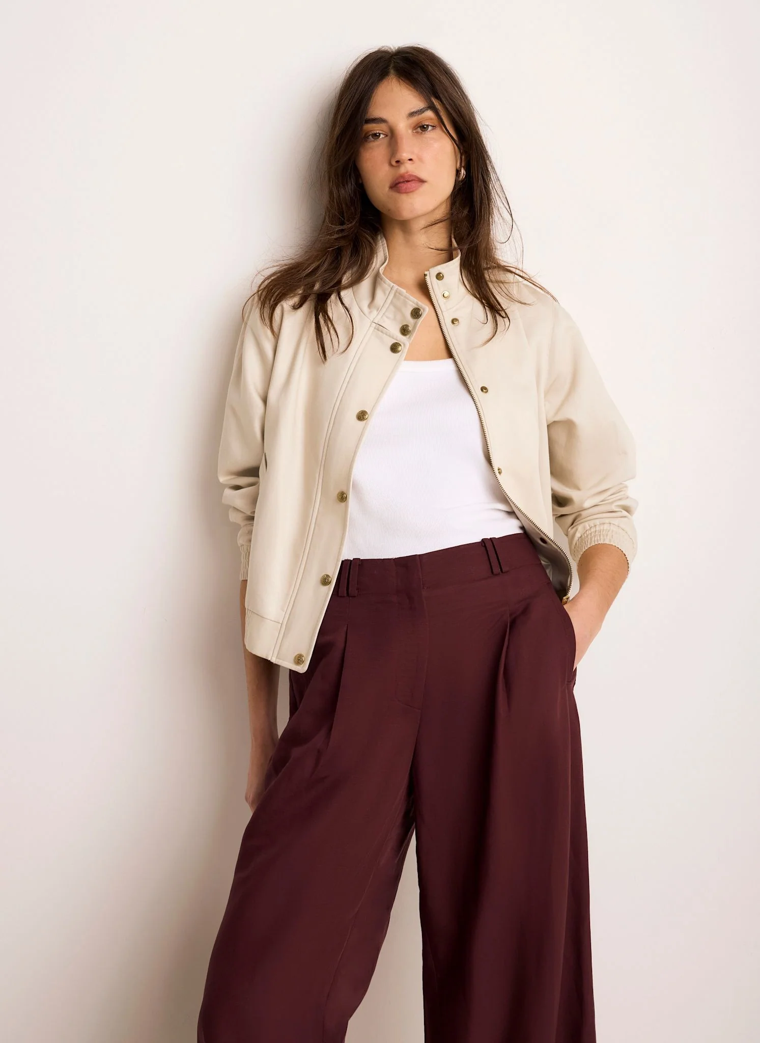 Neutral Funnel Neck Bomber Jacket