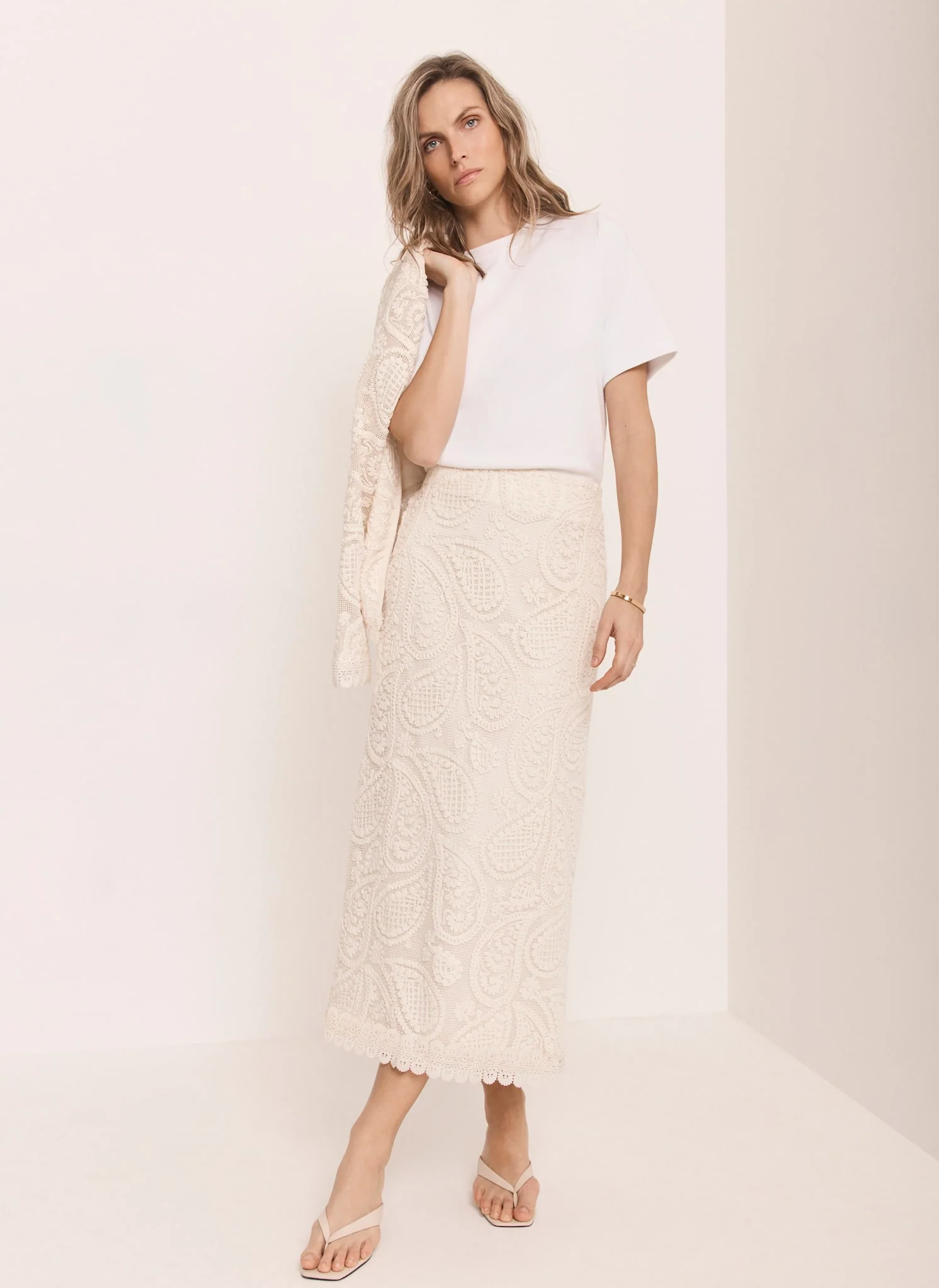 Neutral Crochet Paisley Midi Skirt - Image 3