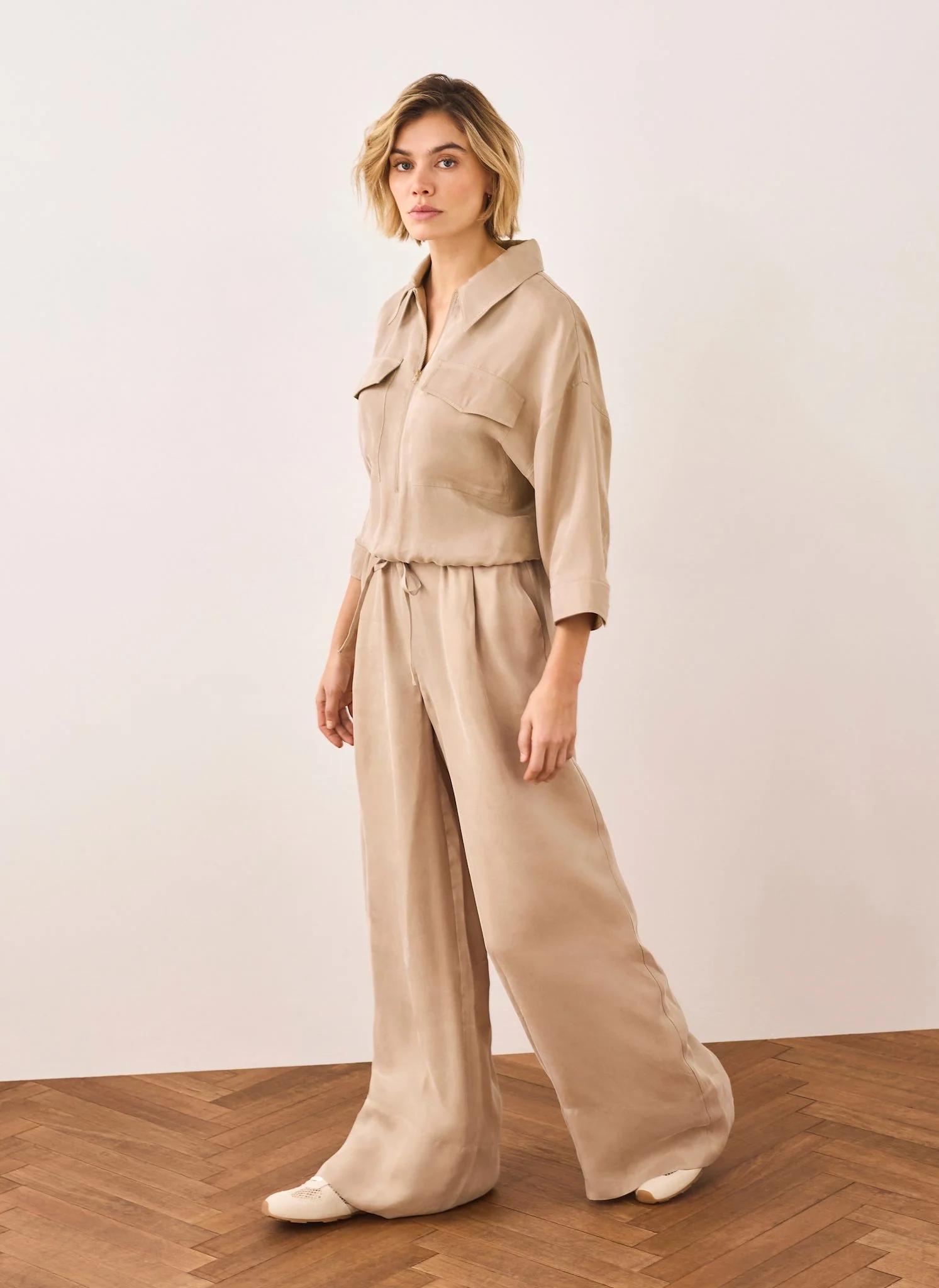 Neutral Drawstring Wide Leg Trousers - Image 3