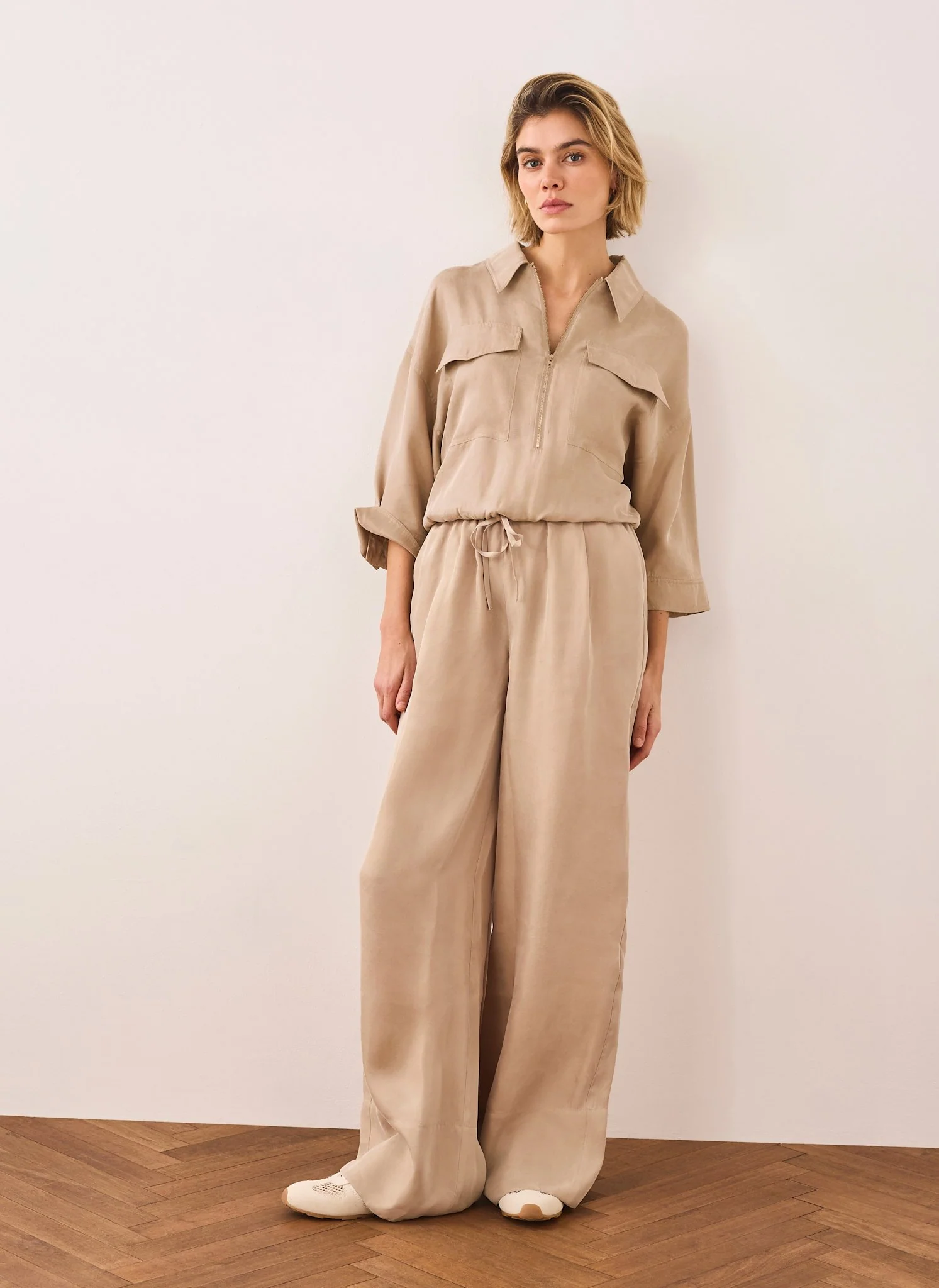 Neutral Drawstring Wide Leg Trousers - Image 5
