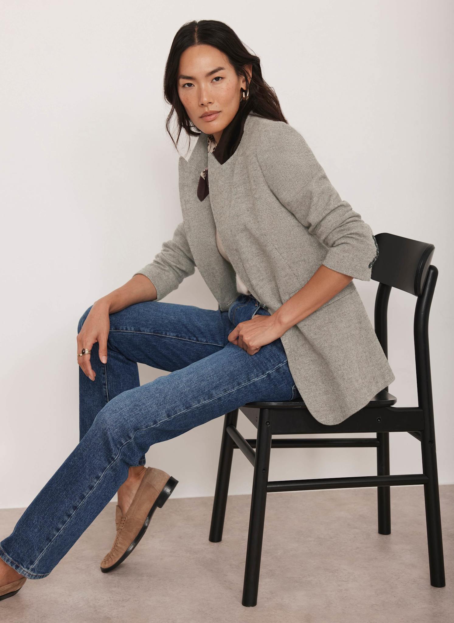 Neutral Herringbone Single Breasted Blazer - Image 2