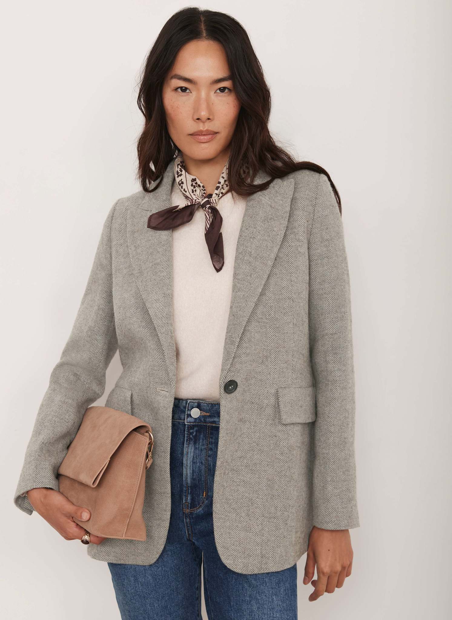 Neutral Herringbone Single Breasted Blazer - Image 3