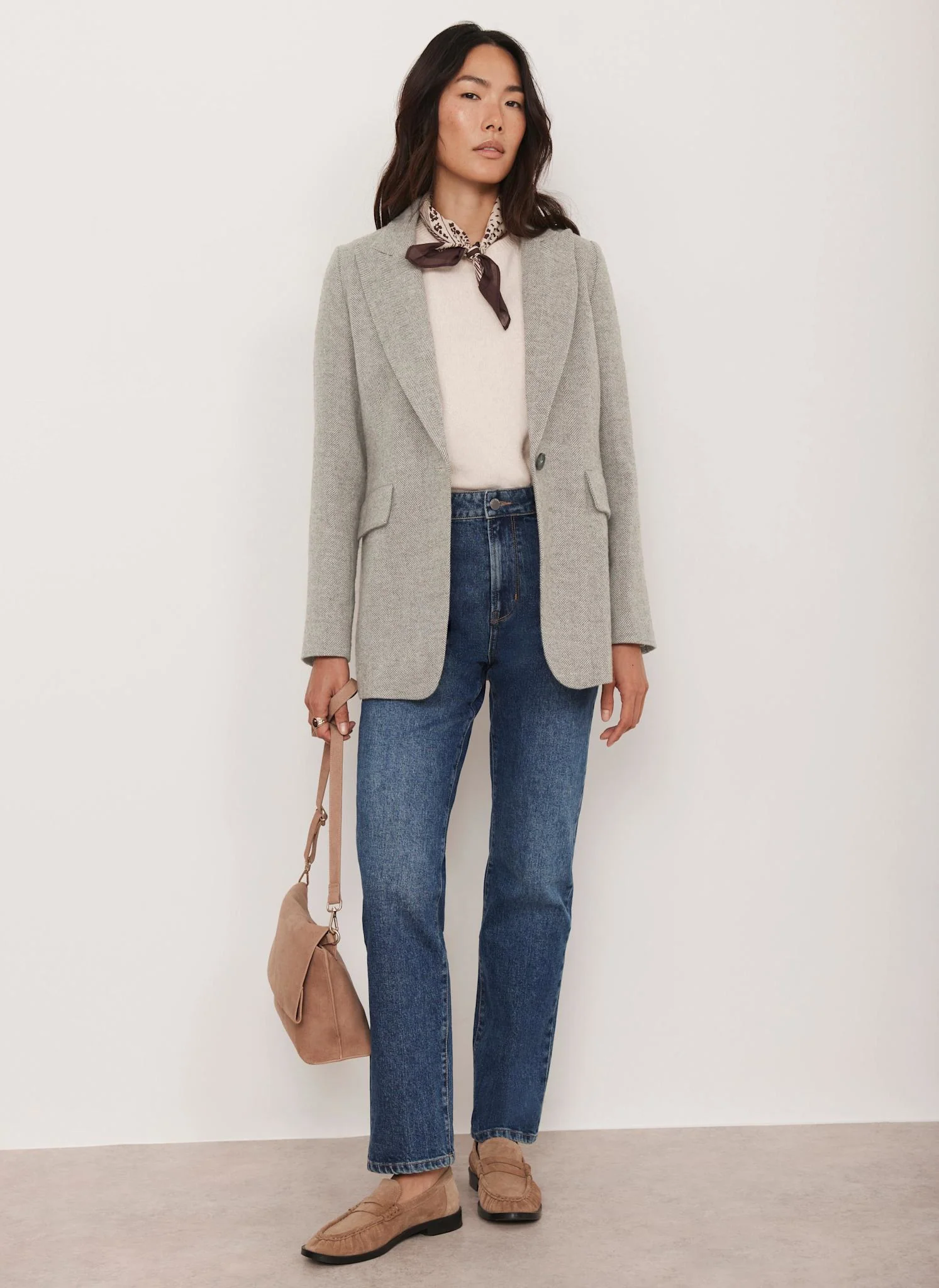 Neutral Herringbone Single Breasted Blazer - Image 5