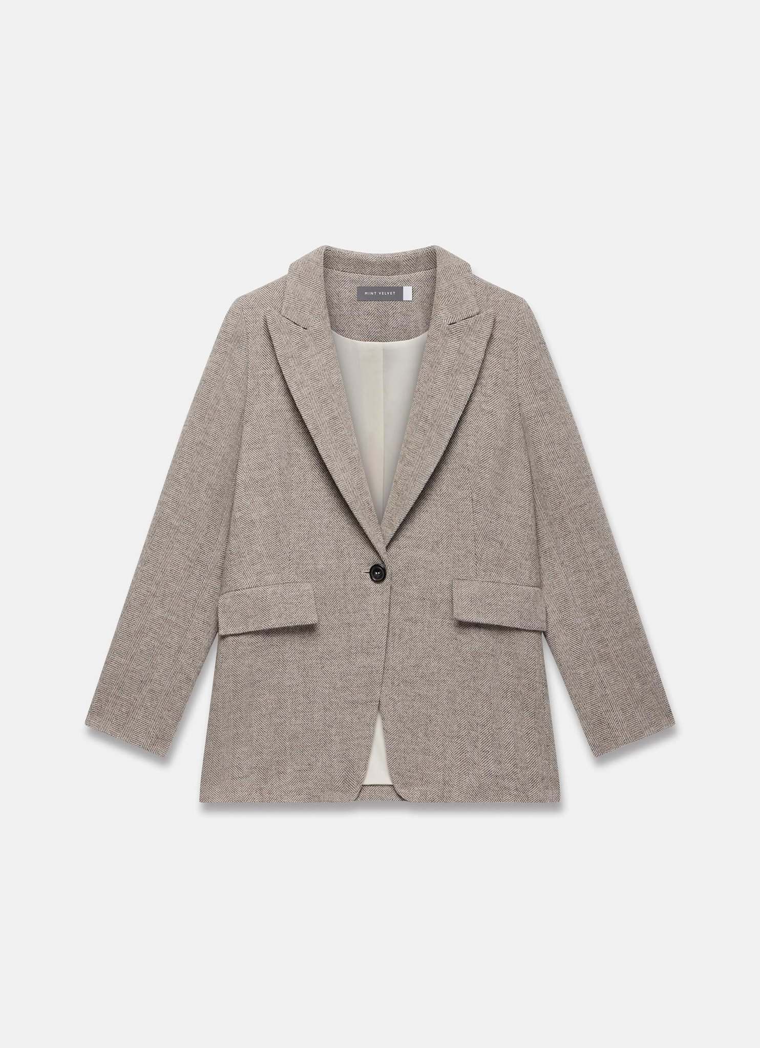 Neutral Herringbone Single Breasted Blazer - Image 7