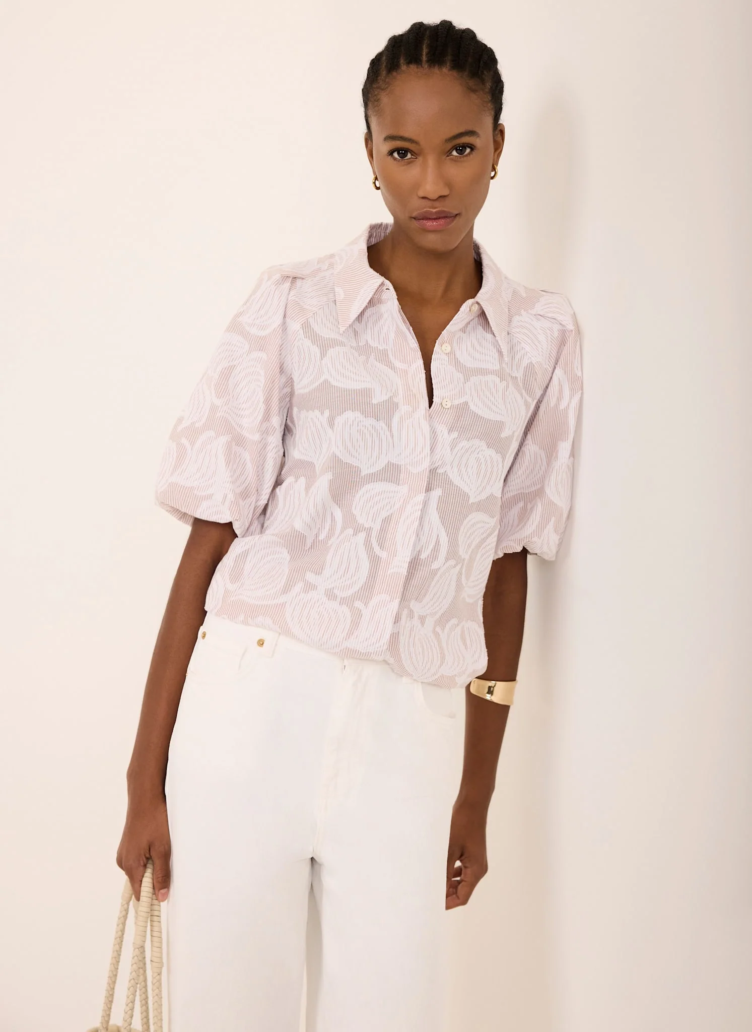Neutral Cotton Jacquard Striped Shirt