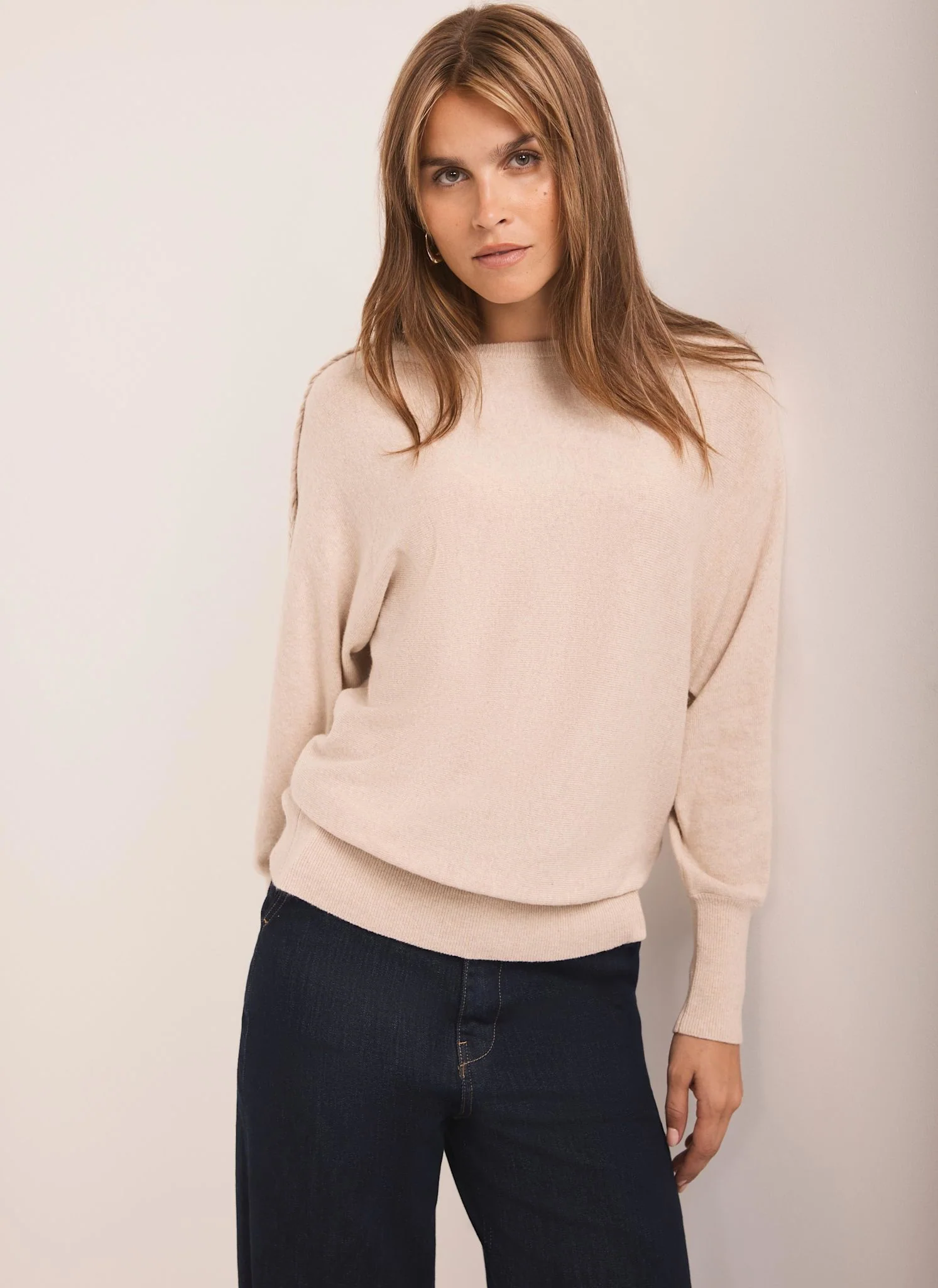 Neutral Cotton Blend Batwing Jumper - Image 3