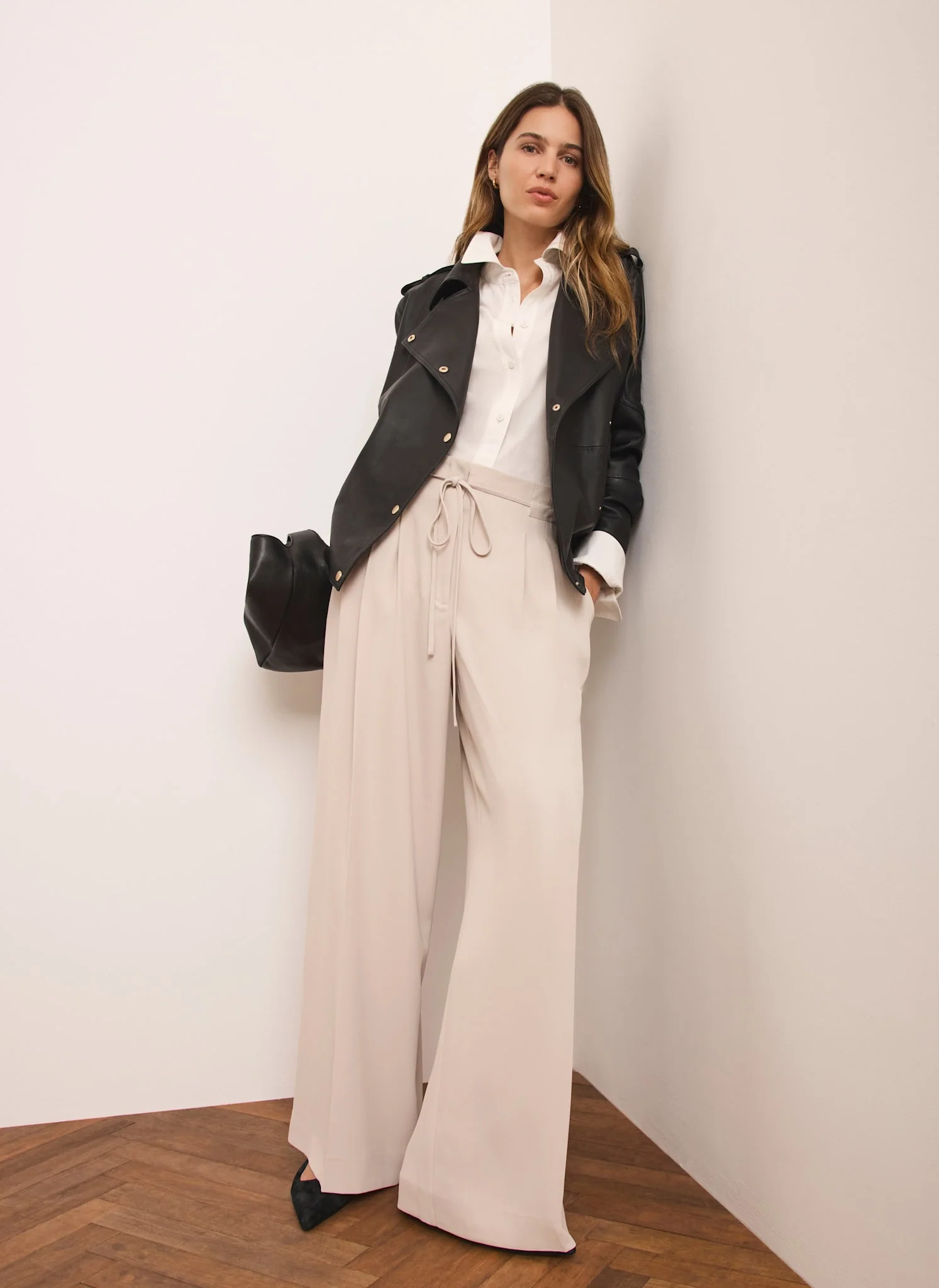 Neutral Tie Waist Pleated Wide Trousers - Image 3