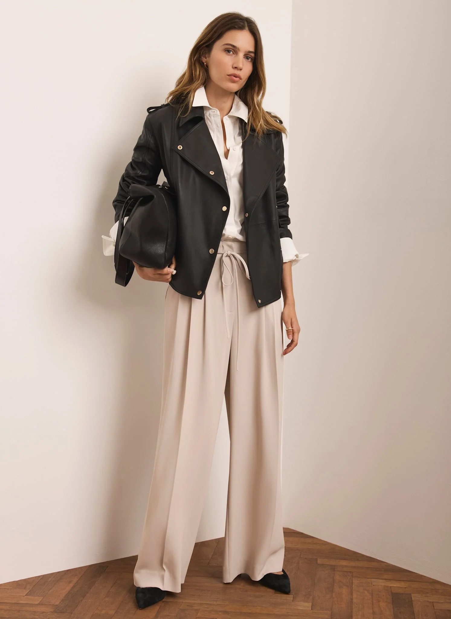 Neutral Tie Waist Pleated Wide Trousers - Image 5