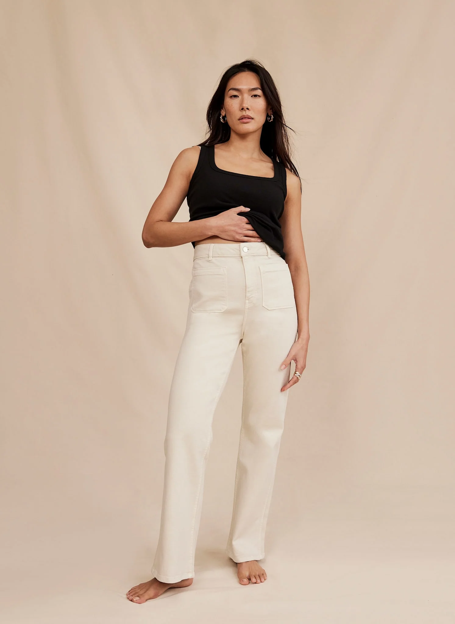 Neutral Relaxed Flare Patch Pocket Jeans - Image 4