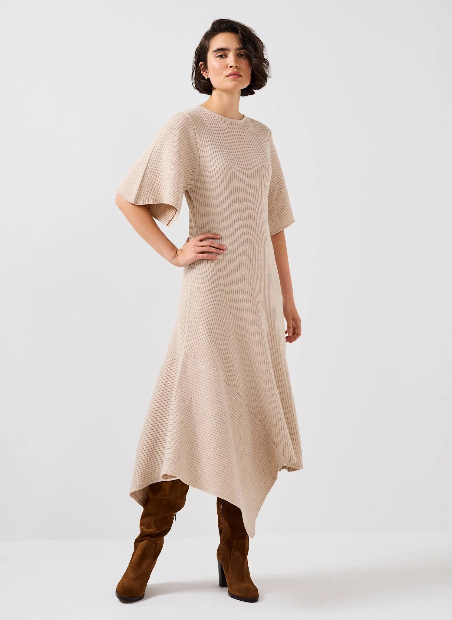 Neutral Rib Knit Asymmetric Dress
