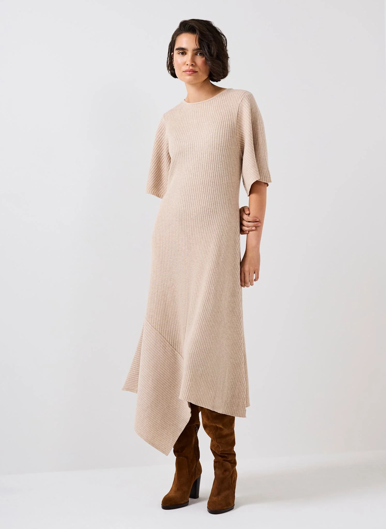 Neutral Rib Knit Asymmetric Dress - Image 2