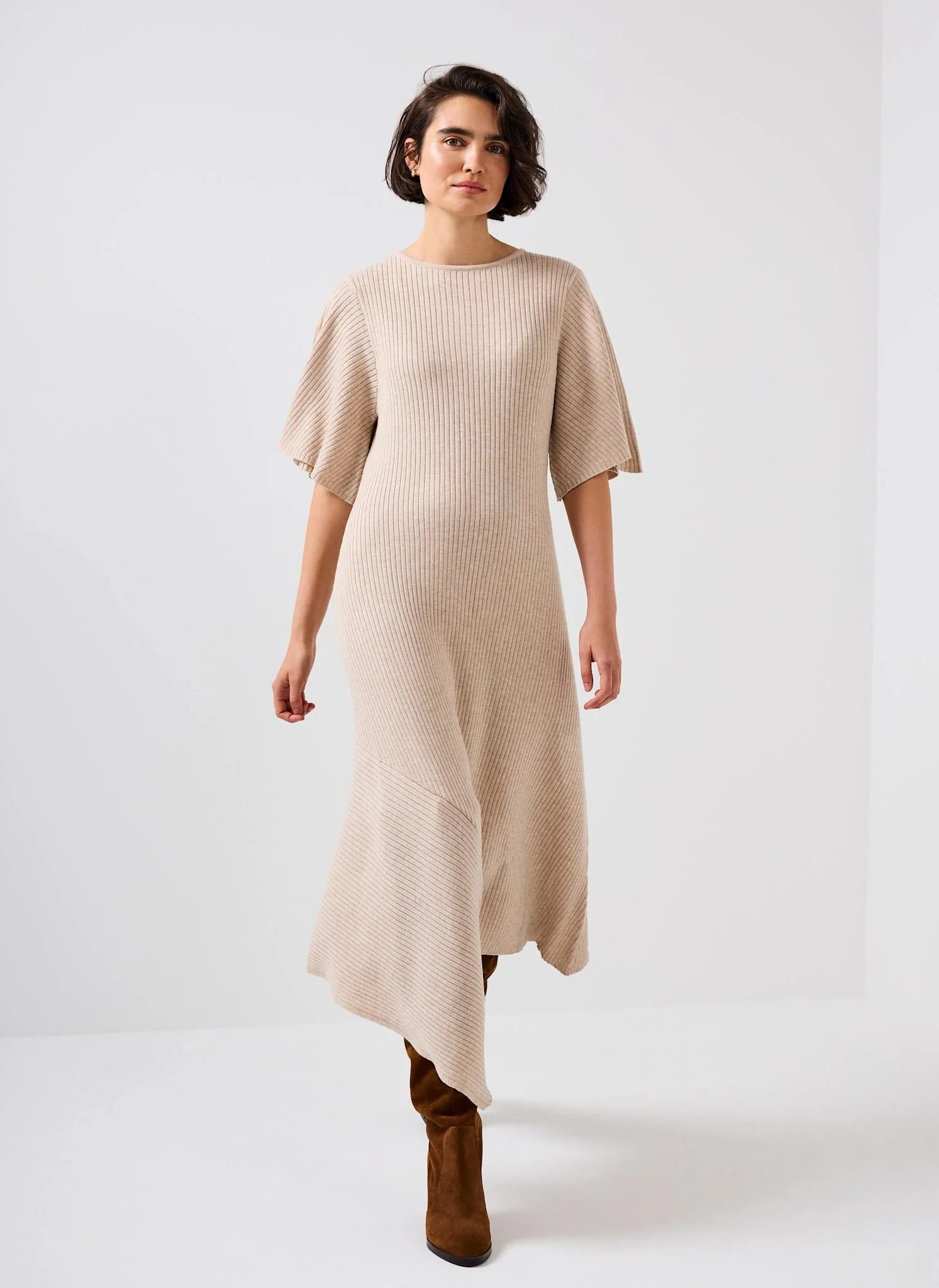 Neutral Rib Knit Asymmetric Dress - Image 3