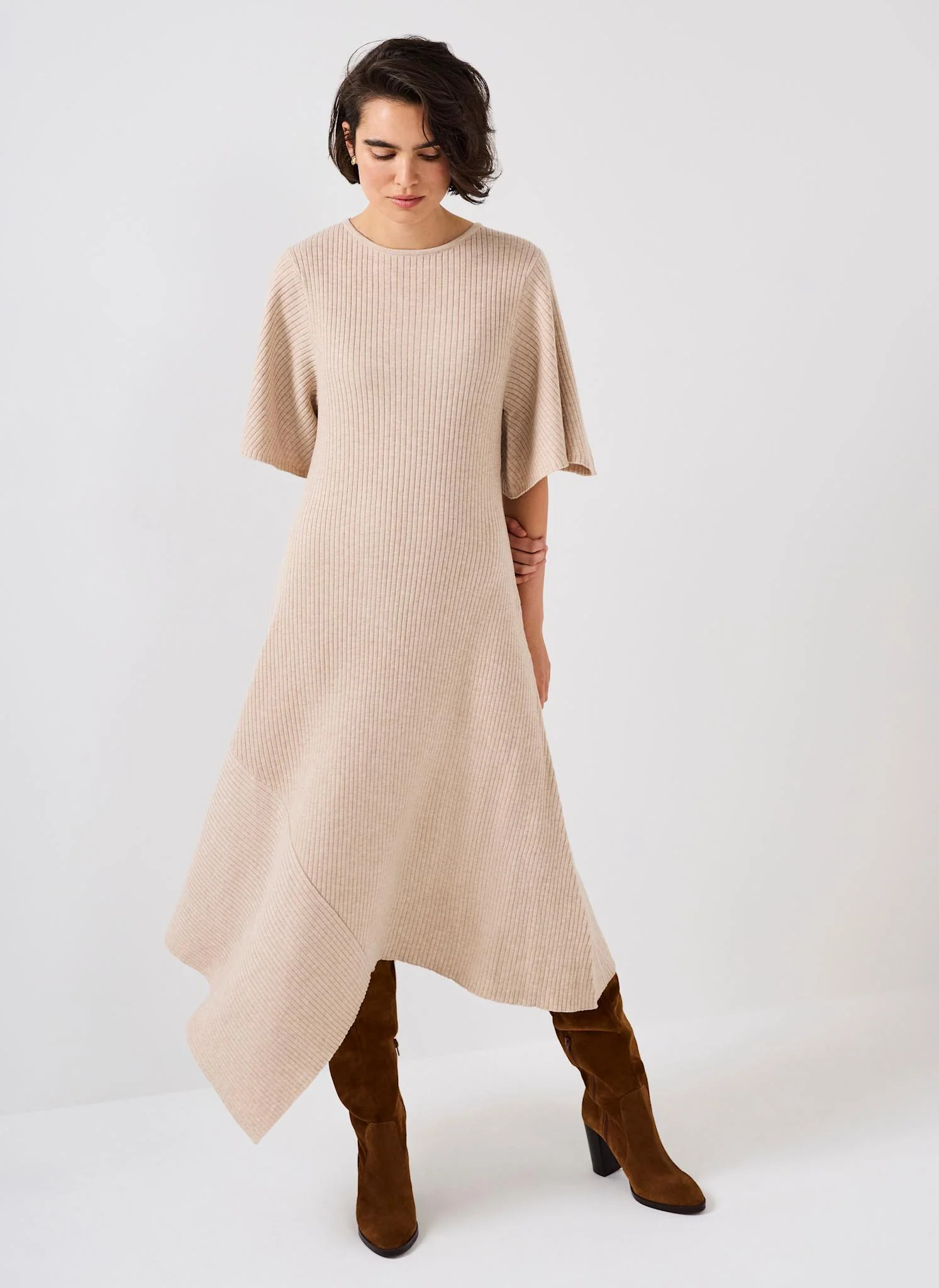 Neutral Rib Knit Asymmetric Dress - Image 4