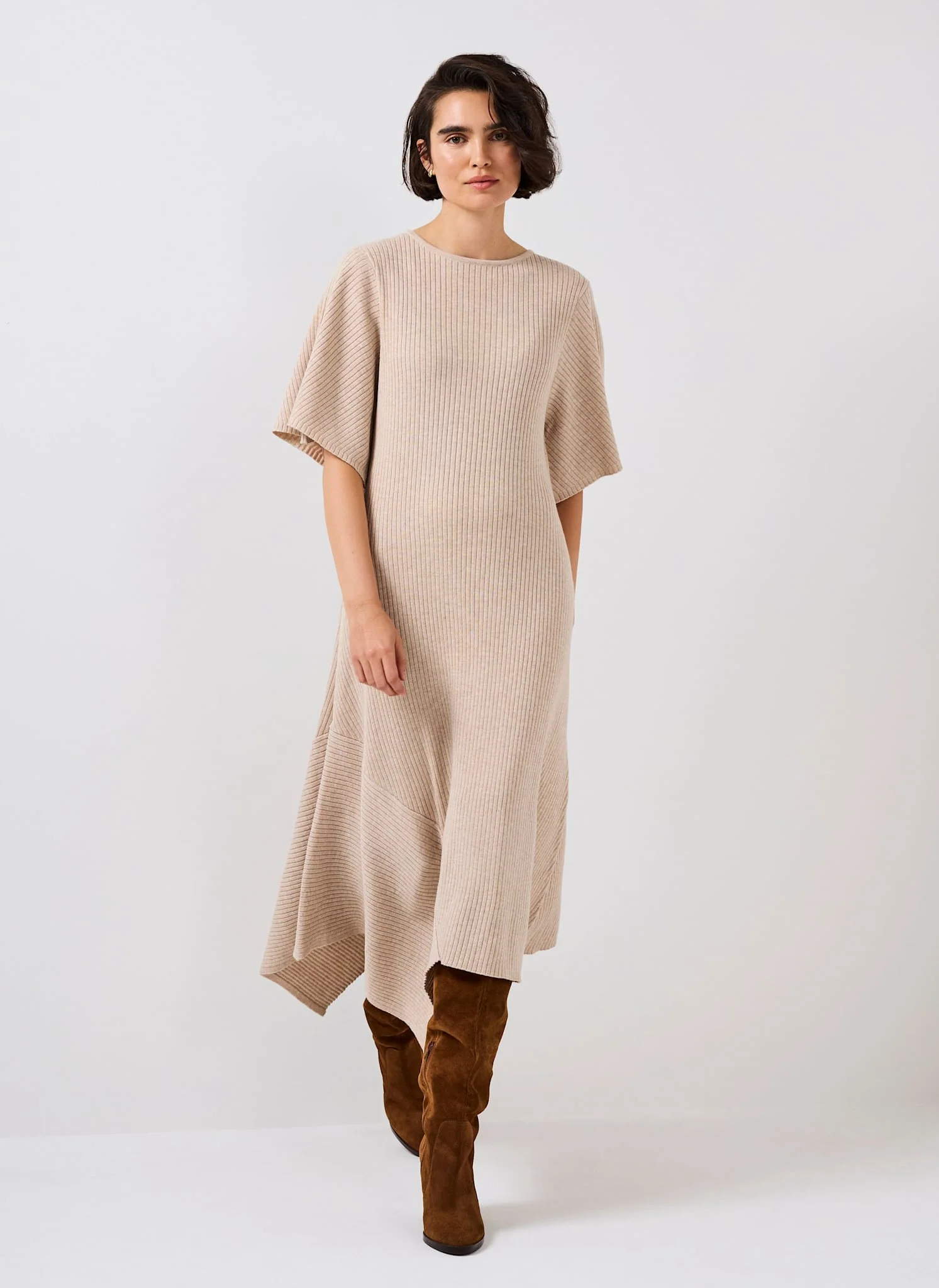 Neutral Rib Knit Asymmetric Dress - Image 5