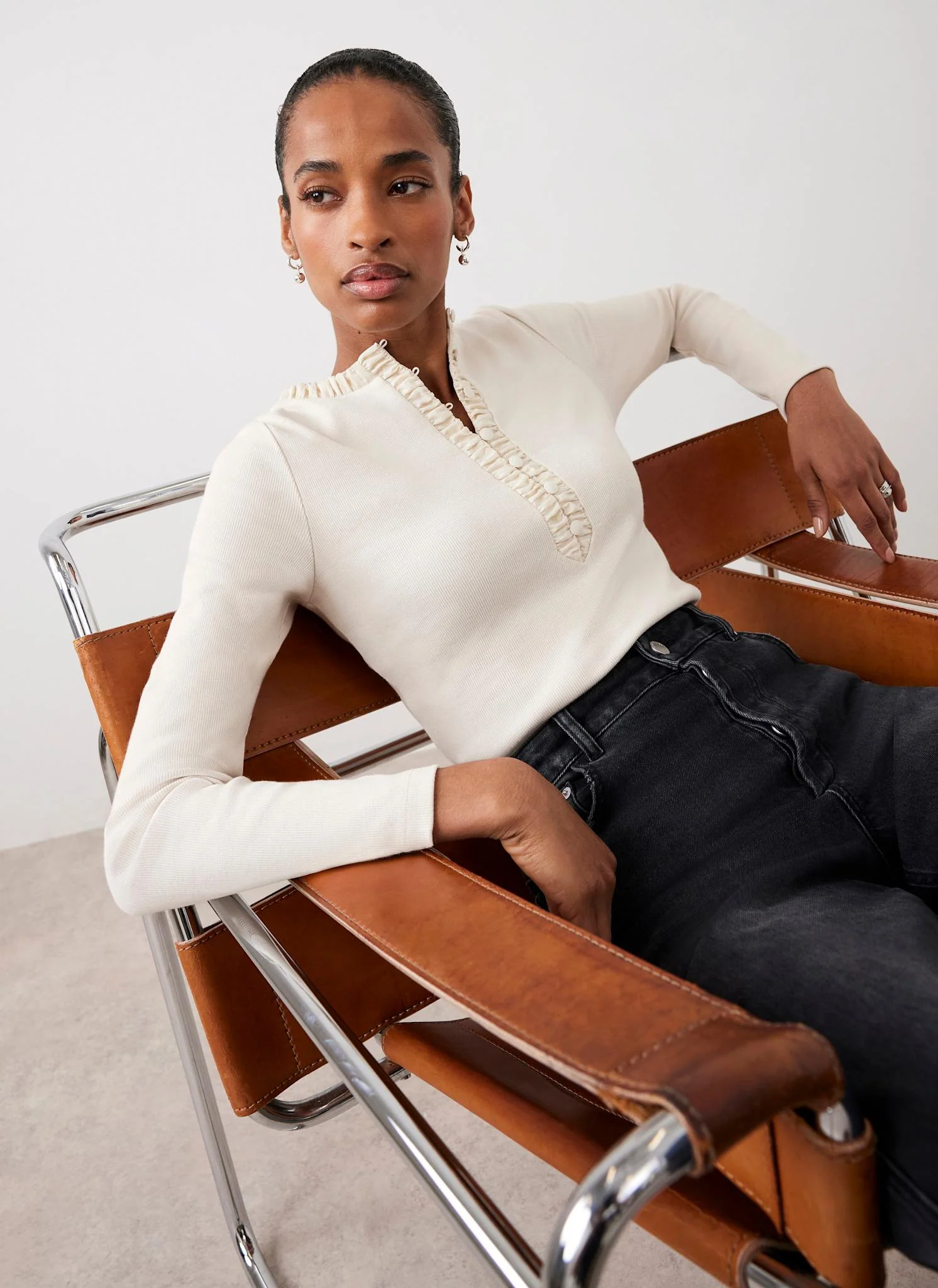 Neutral Ruched Cotton blend Henley Top - Image 2