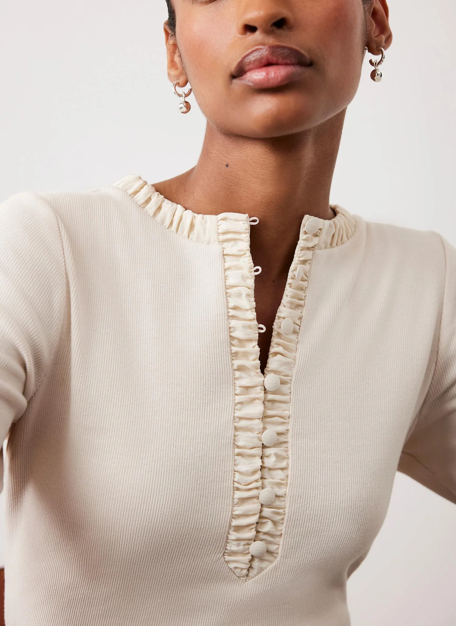 Neutral Ruched Cotton blend Henley Top - Image 3