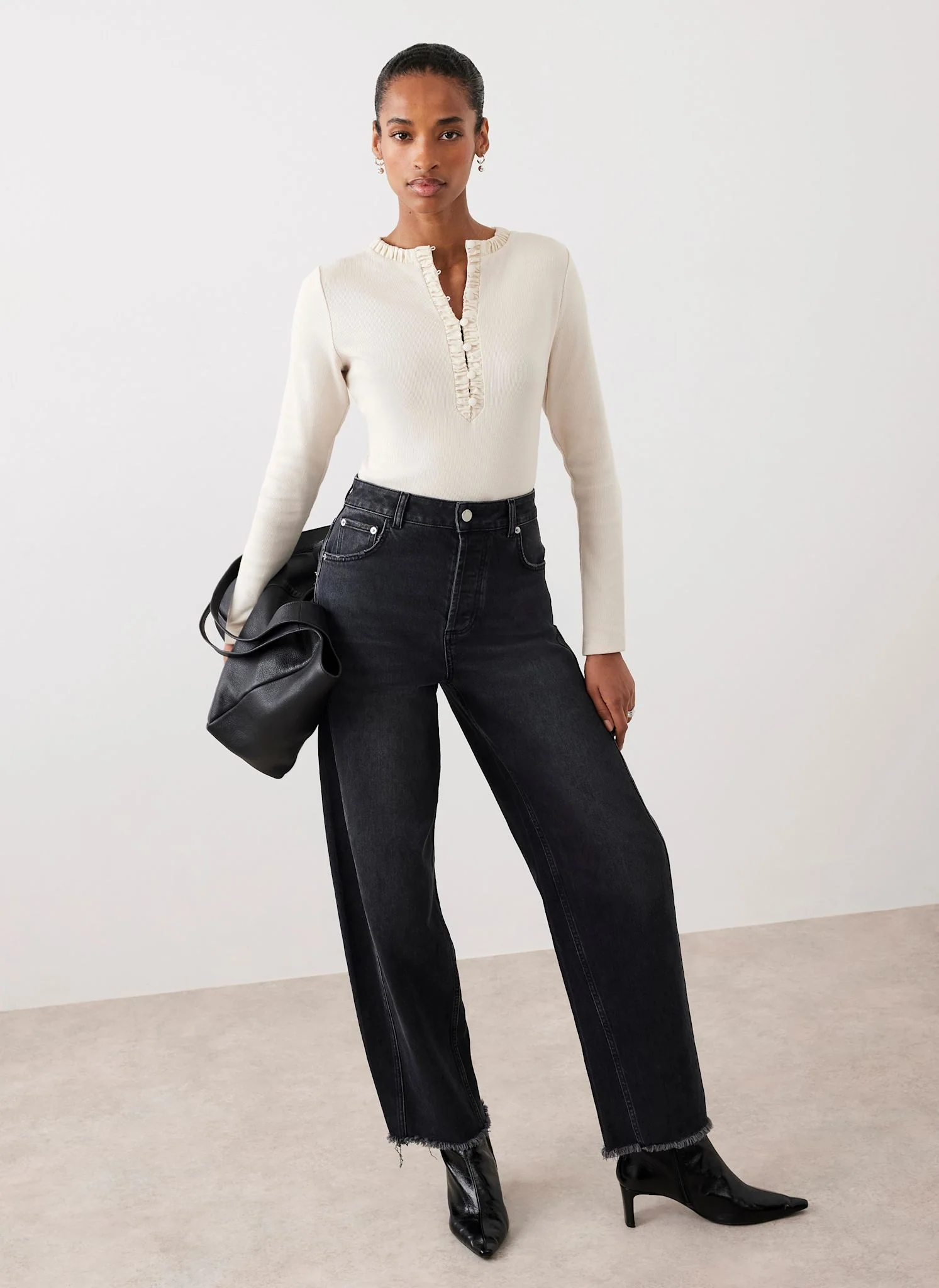 Neutral Ruched Cotton blend Henley Top - Image 4