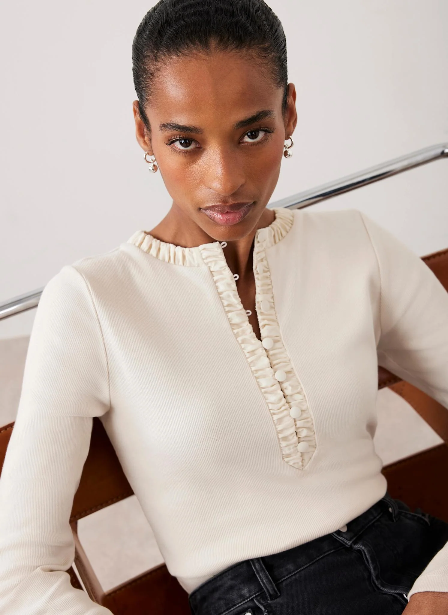Neutral Ruched Cotton blend Henley Top - Image 5