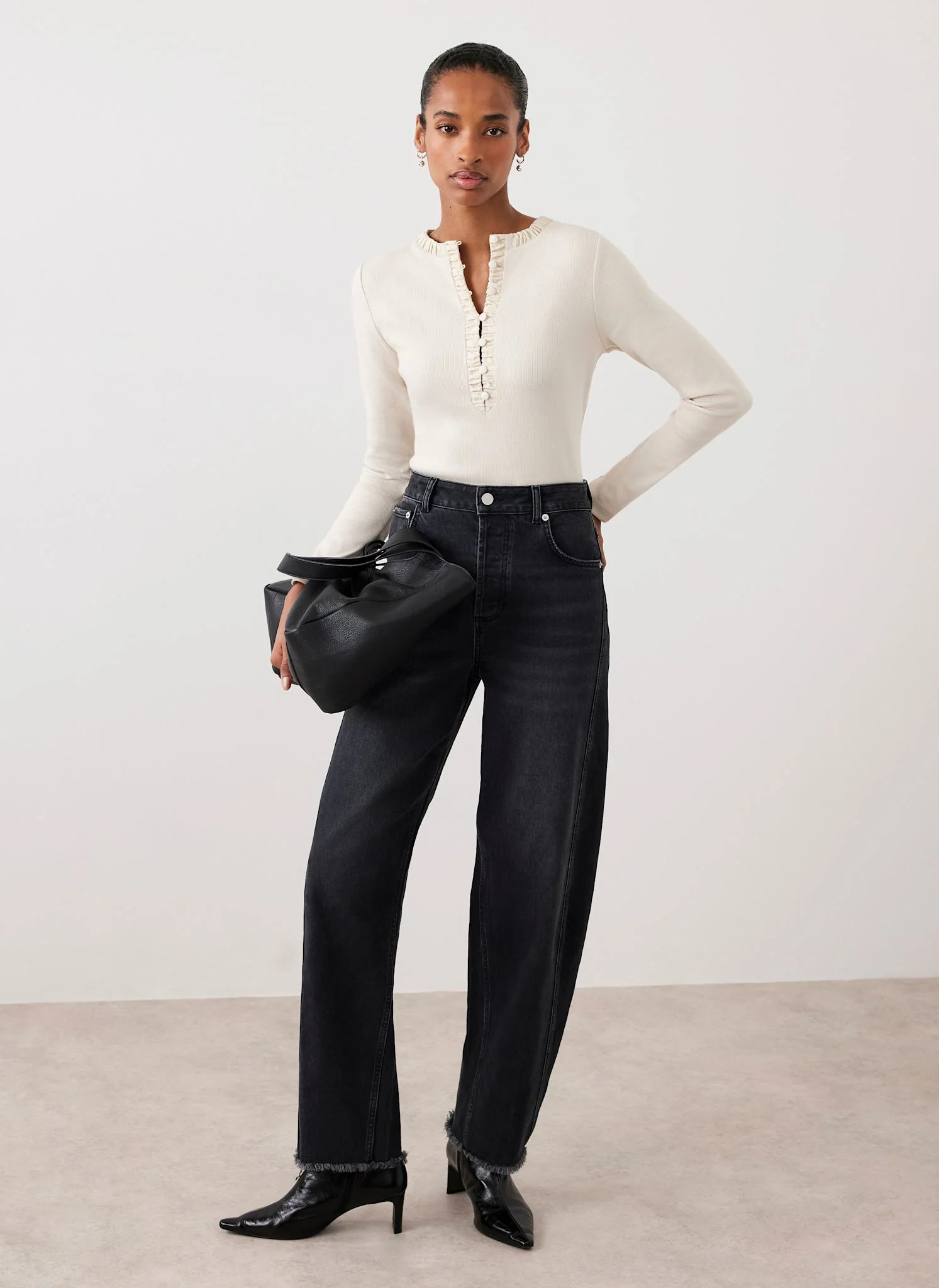 Neutral Ruched Cotton blend Henley Top - Image 6