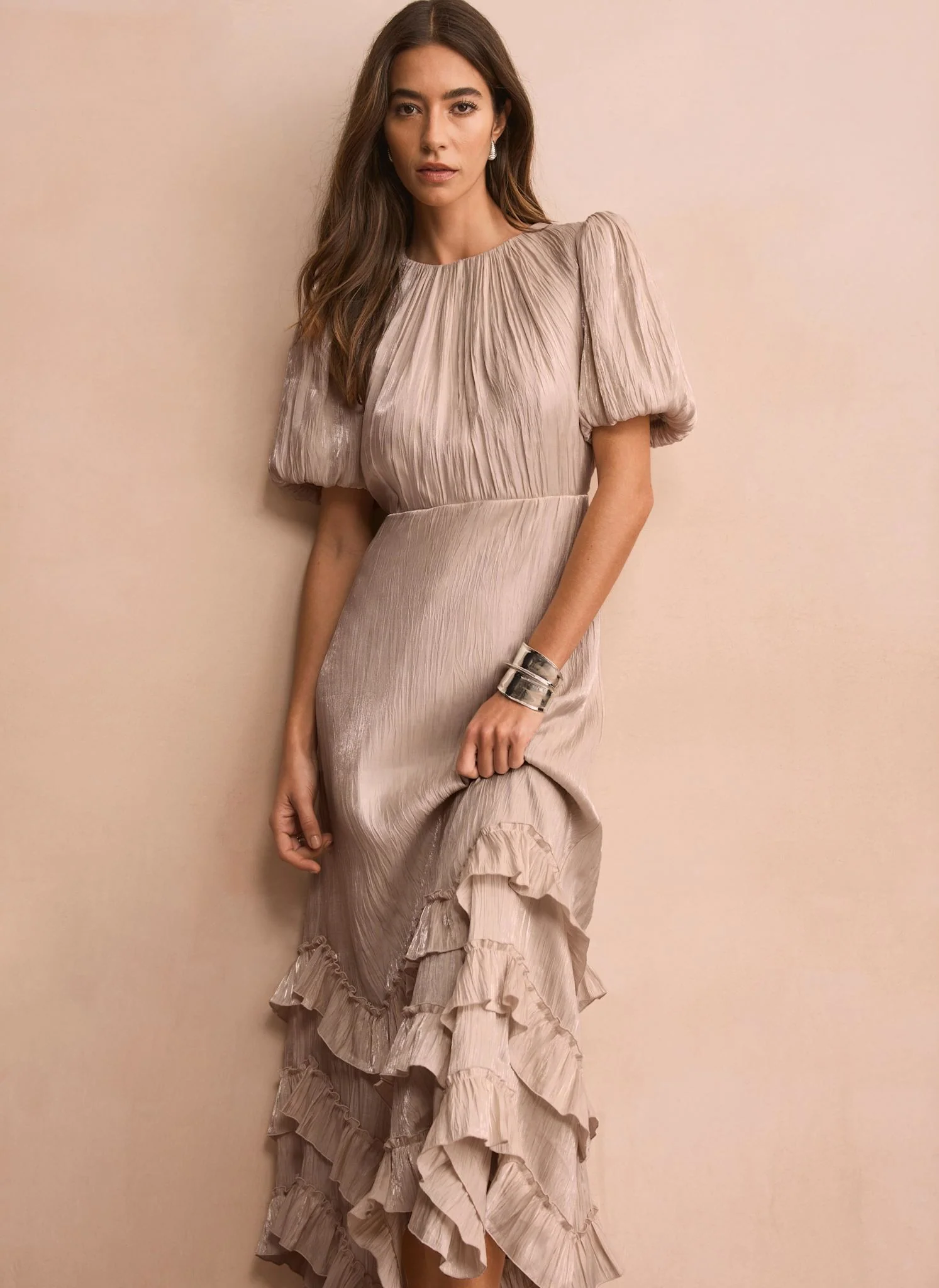 Neutral Metallic Ruffle Maxi Dress - Image 4