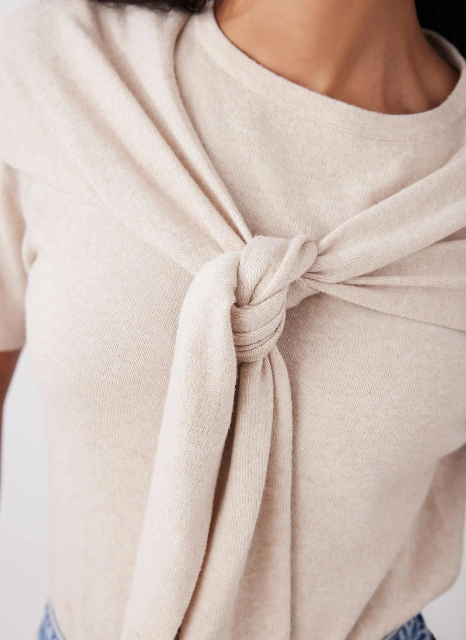 Neutral Cotton Blend Scarf Detail Knit Top - Image 5