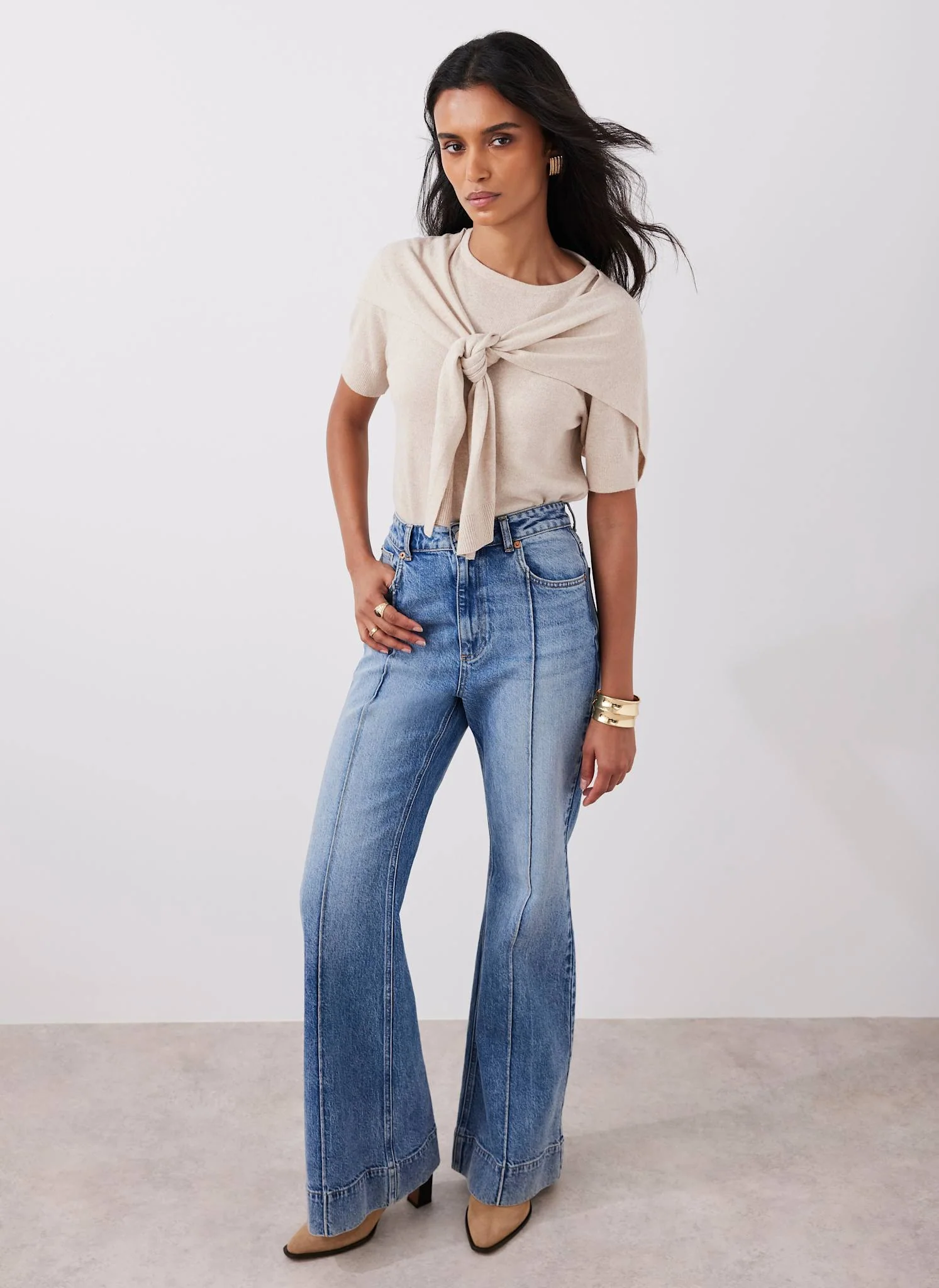 Neutral Cotton Blend Scarf Detail Knit Top - Image 6